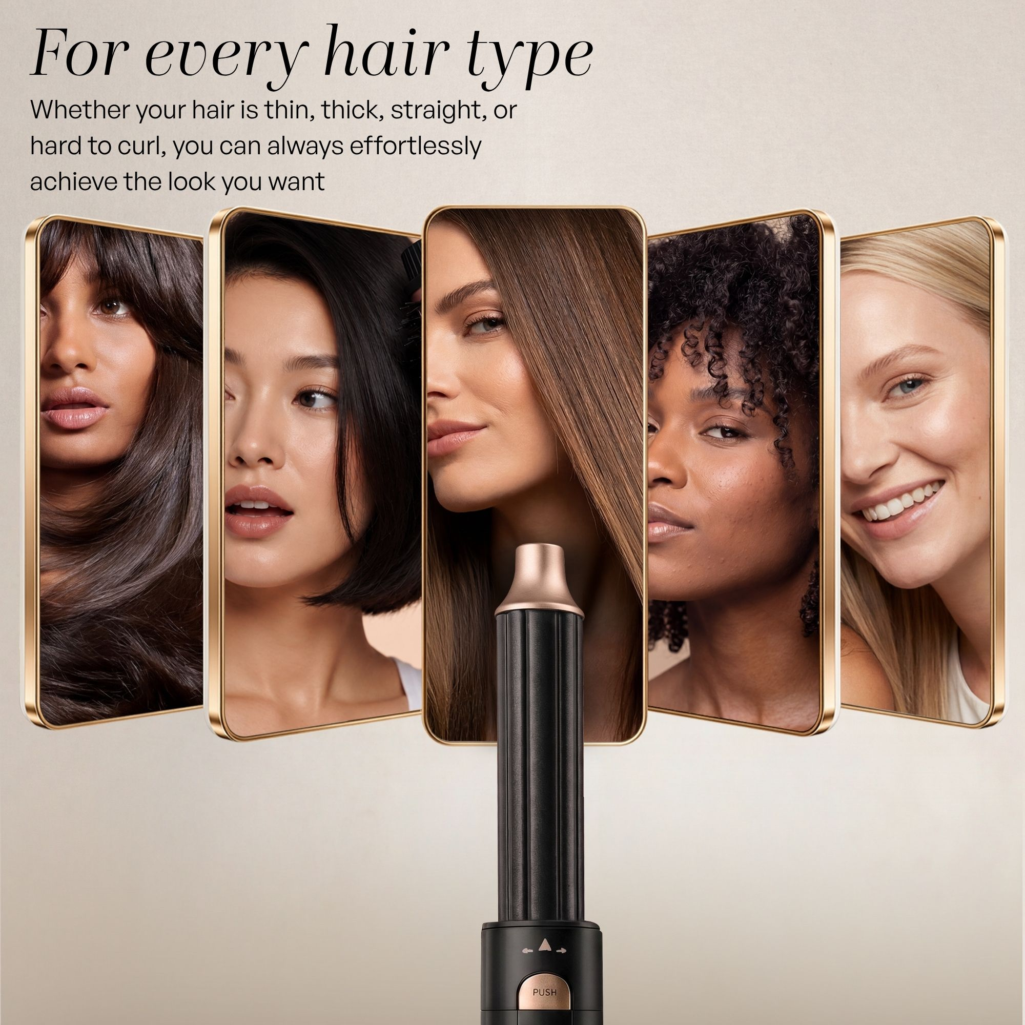 Un coiffeur devant cinq écrans de smartphone montrant différentes femmes et types de cheveux.
