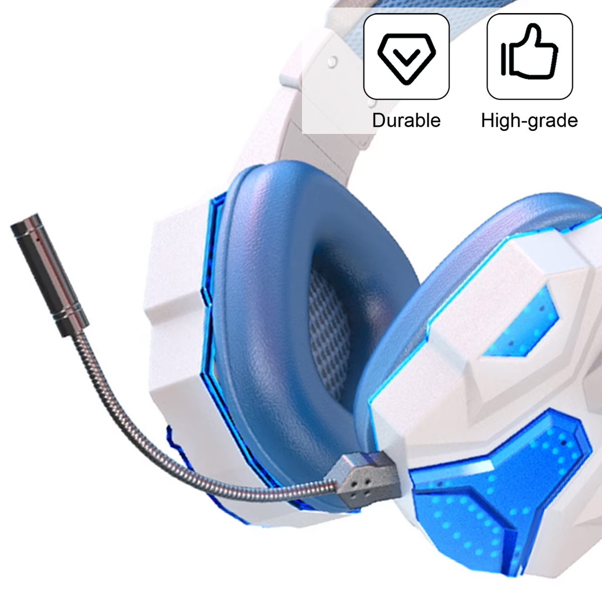Blaue und weiße Gaming-Kopfhörer mit Mikrofon und Icons für langlebig und hochwertig.