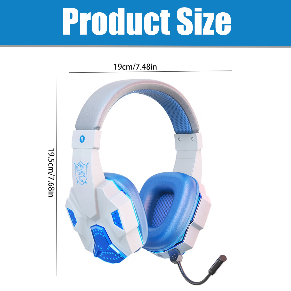 Blaue und weiße Gaming-Kopfhörer mit Maßen von 19cm mal 19.5cm.