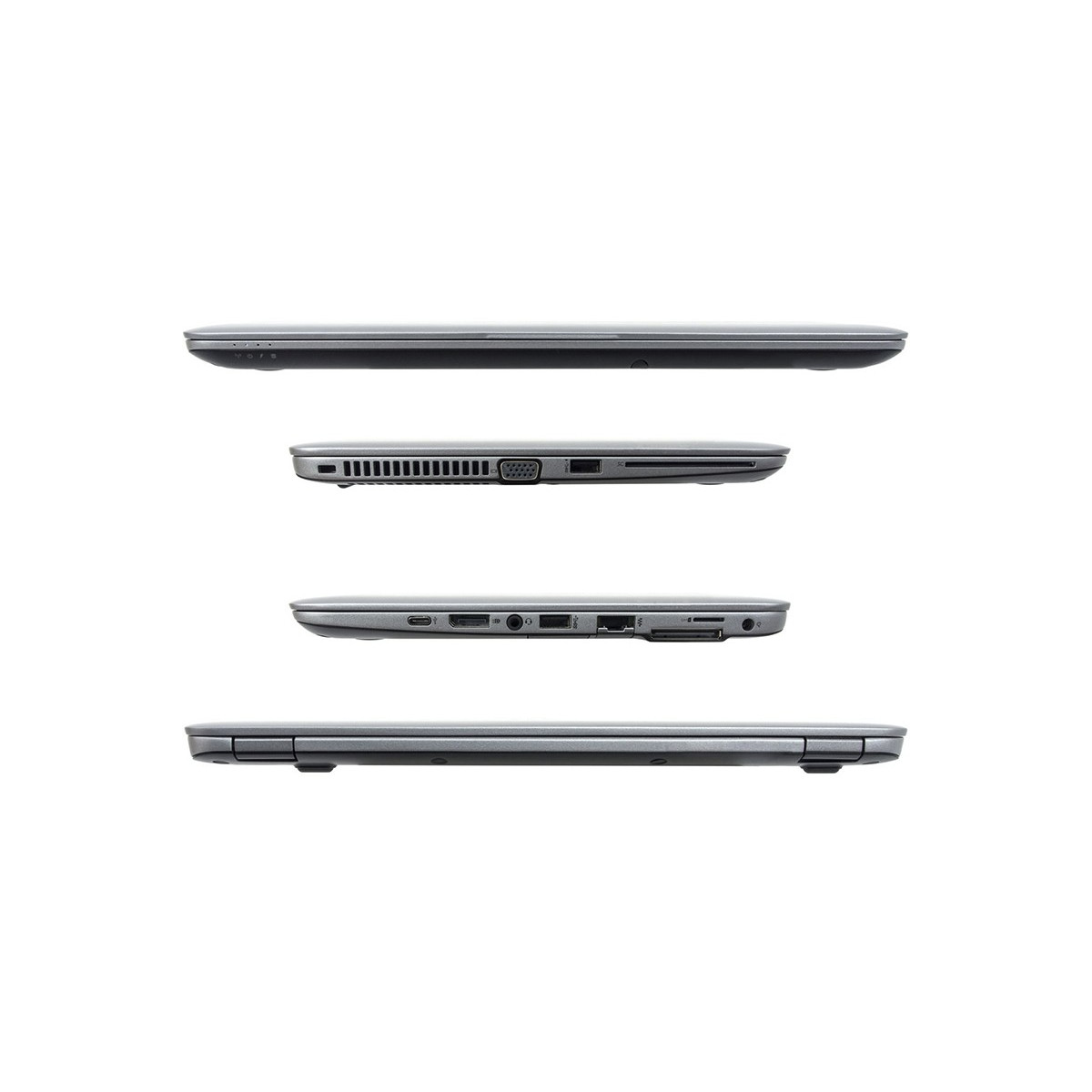 Vier Ansichten eines geschlossenen grauen Laptops von verschiedenen Seiten auf weißem Hintergrund.