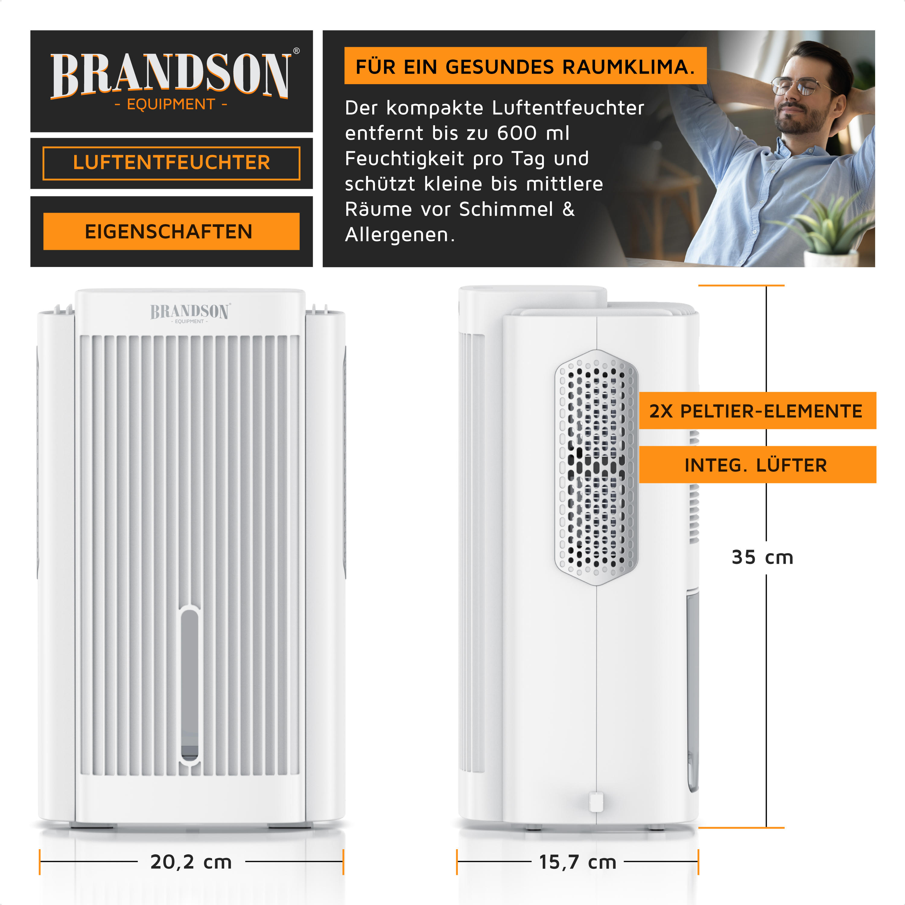 Brandson Luftentfeuchter mit Maßen, Merkmalen und Produktbeschreibung.