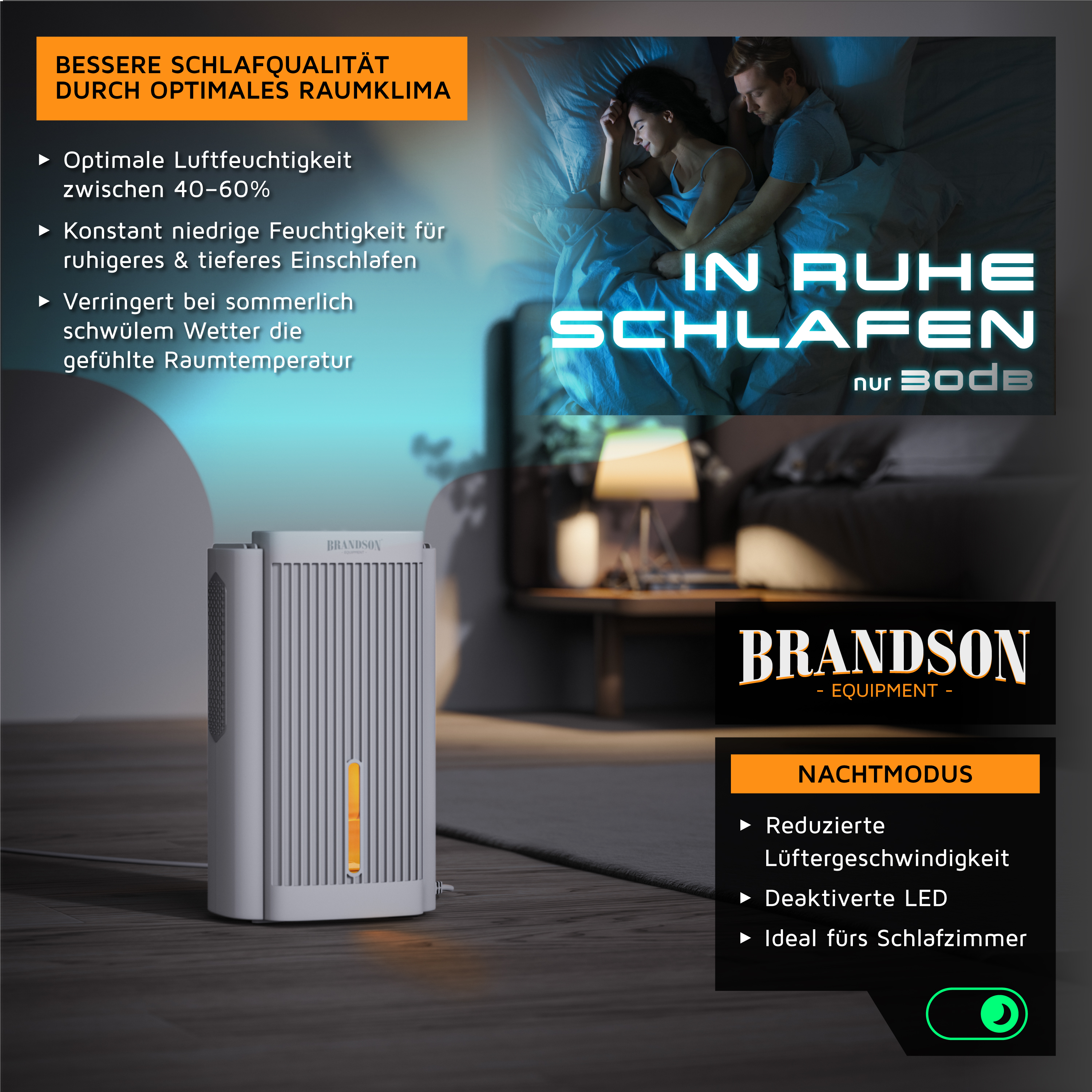 Ein weißer Brandson Luftentfeuchter steht im Schlafzimmer neben schlafenden Personen.