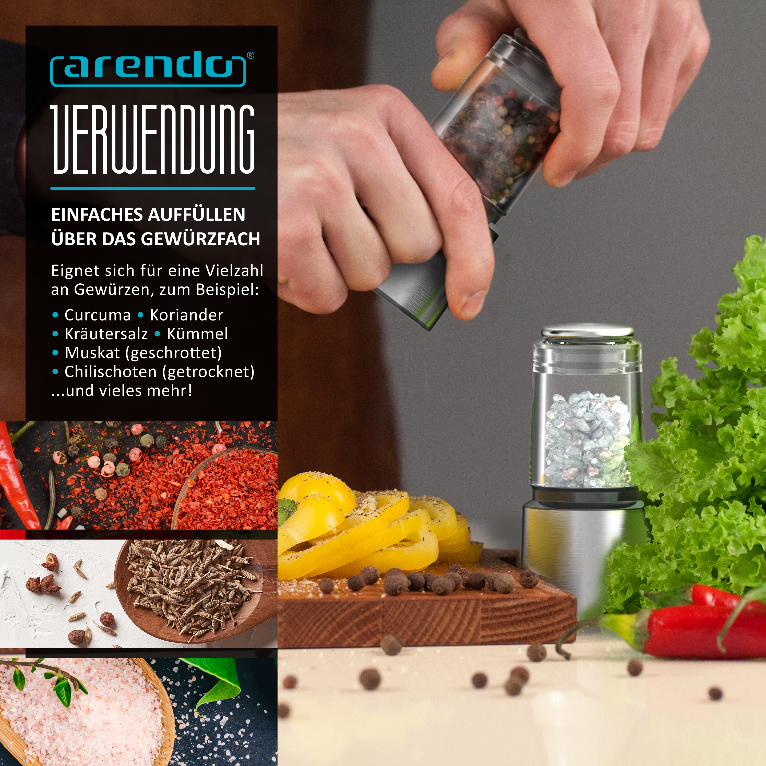 Person mahlt Pfeffer mit einer Gewürzmühle über geschnittenem gelbem Gemüse, neben Salat und einer zweiten Mühle.
