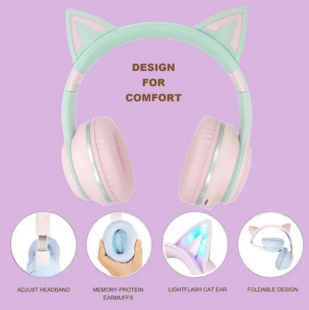 Mintgrüne Kopfhörer mit Katzenohren und pinken Polstern, Text DESIGN FOR COMFORT und vier kleine Produktbilder unten.