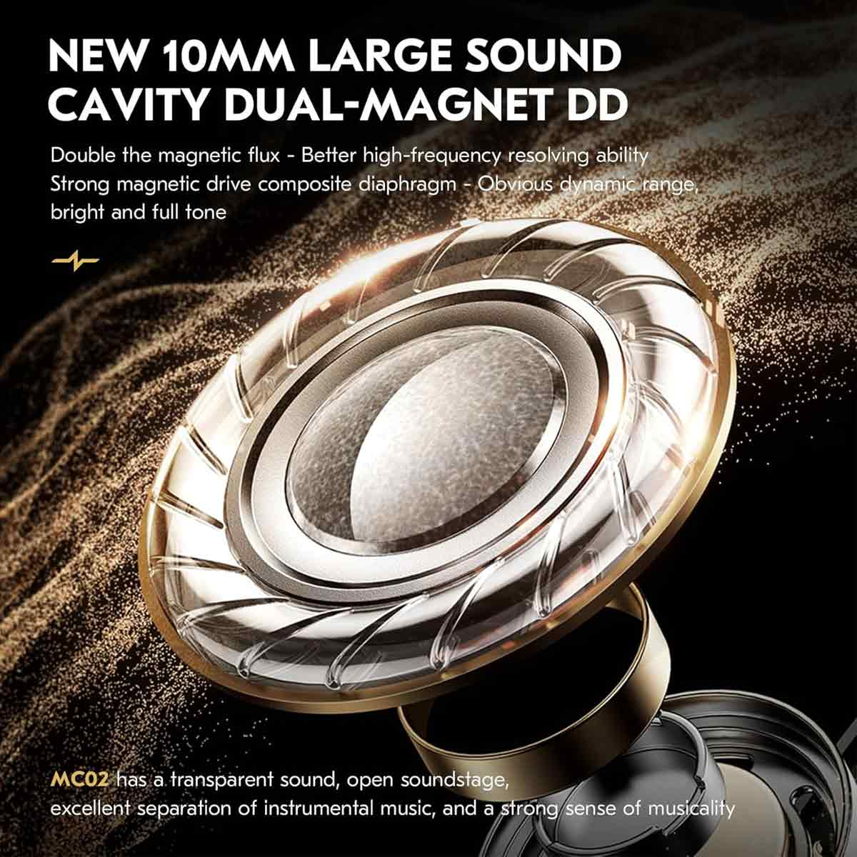 Ein technisches Diagramm zeigt einen 10mm Dual-Magnet-Treiber für Kopfhörer mit erklärendem Text und goldenen Details.