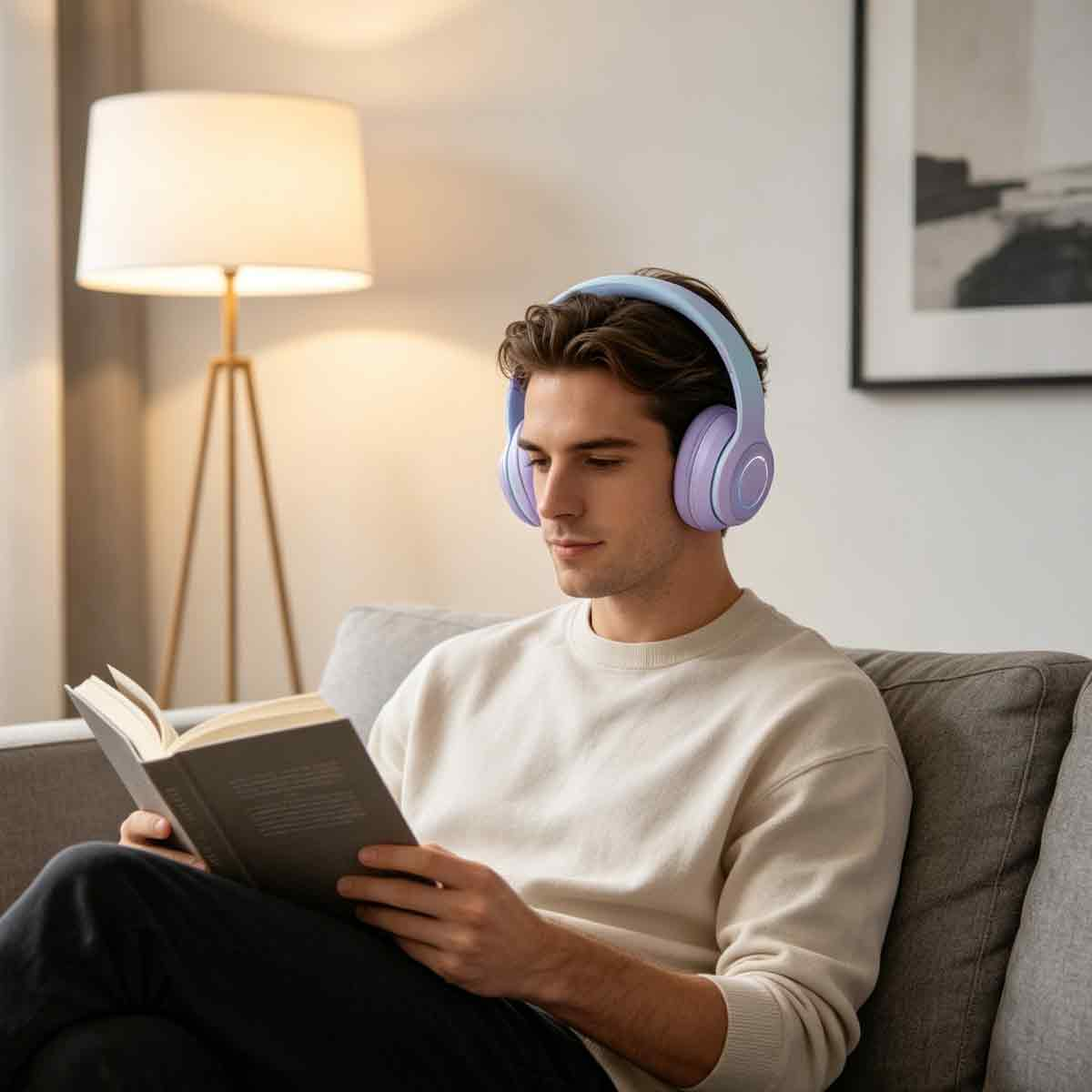 Ein junger Mann sitzt auf einem Sofa, trägt lila Kopfhörer und liest ein Buch in einem hellen Raum.