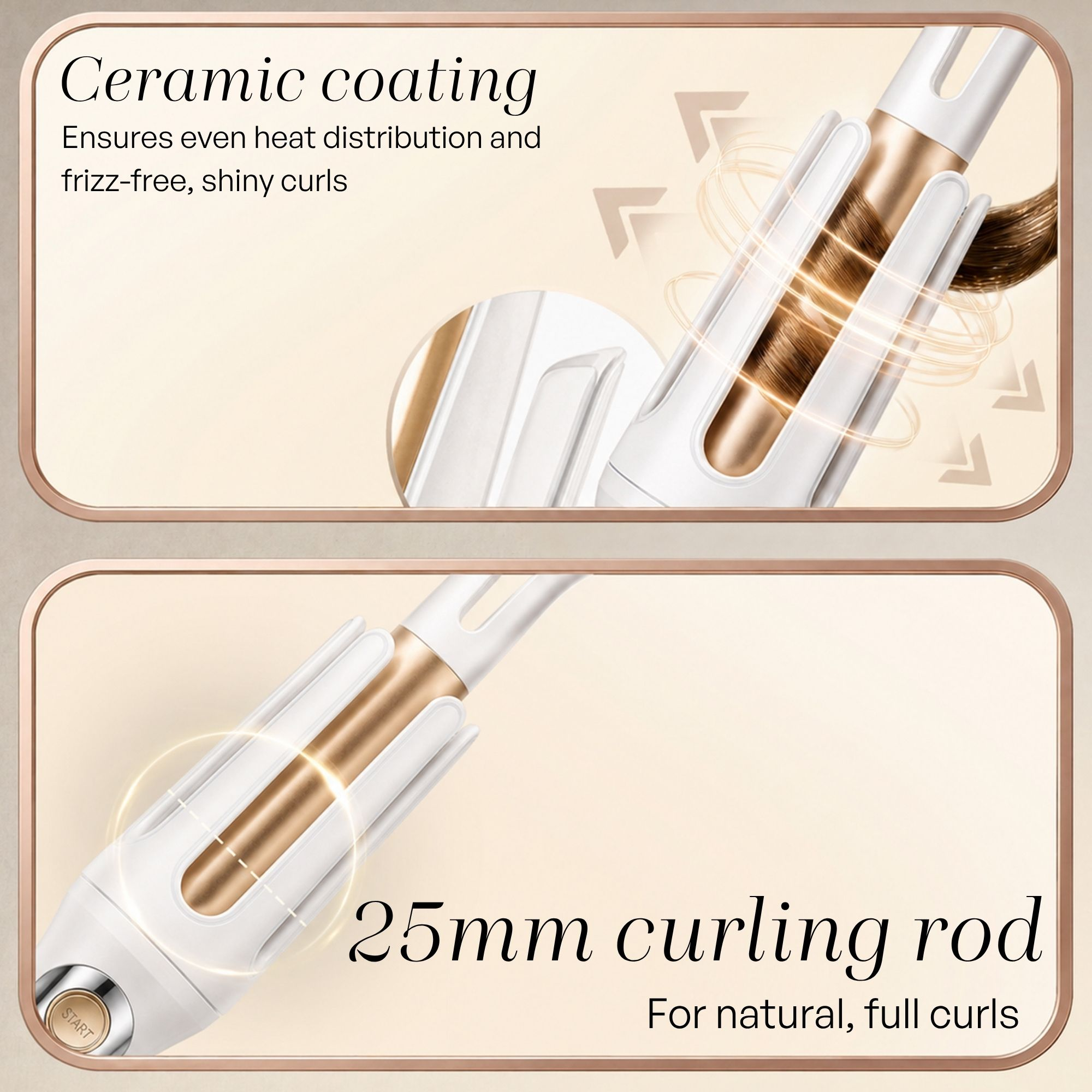 Pubblicità di un ferro arricciacapelli bianco e oro con rivestimento in ceramica da 25 mm.