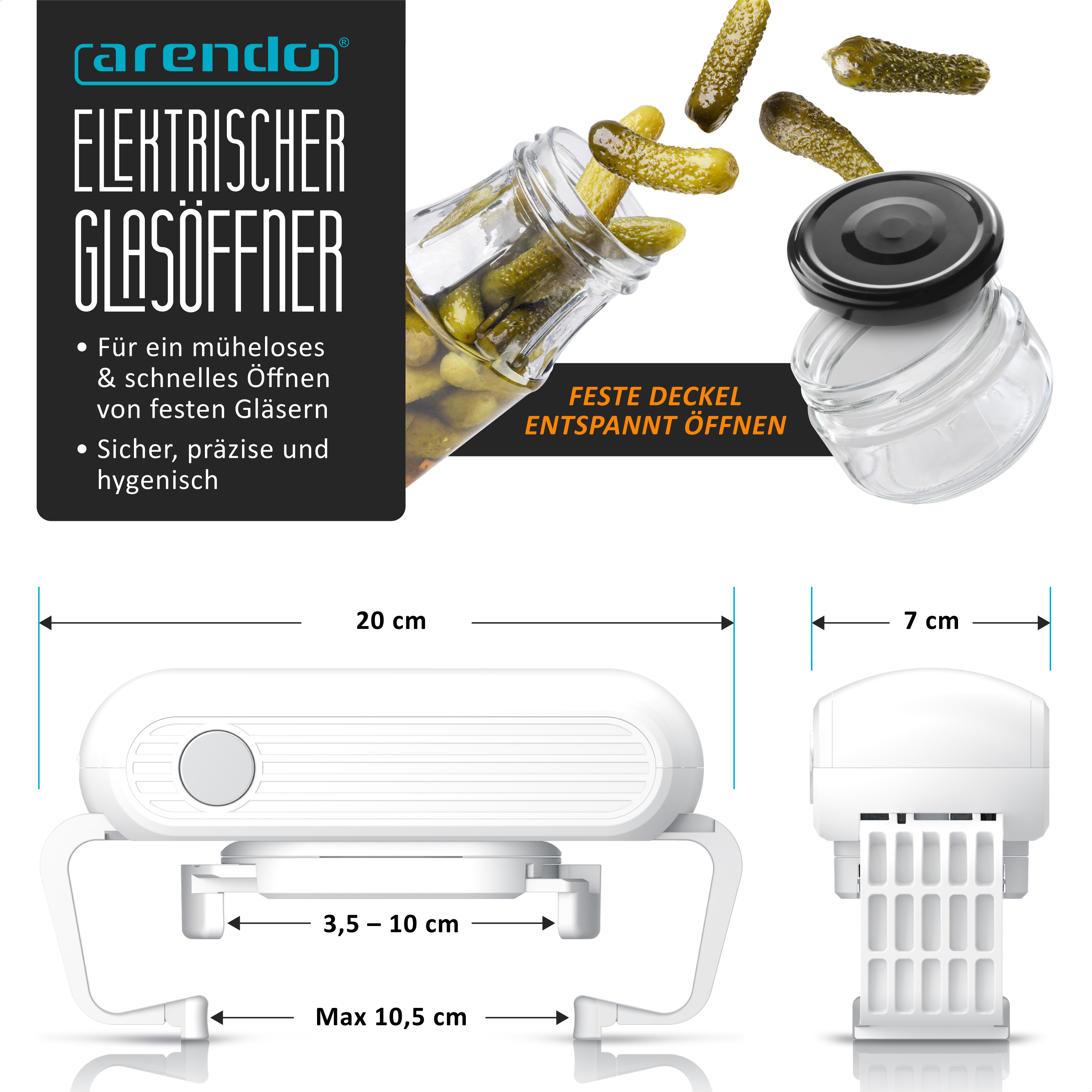 Produktwerbung für einen elektrischen Glasöffner mit Maßen und Gurkenbildern.