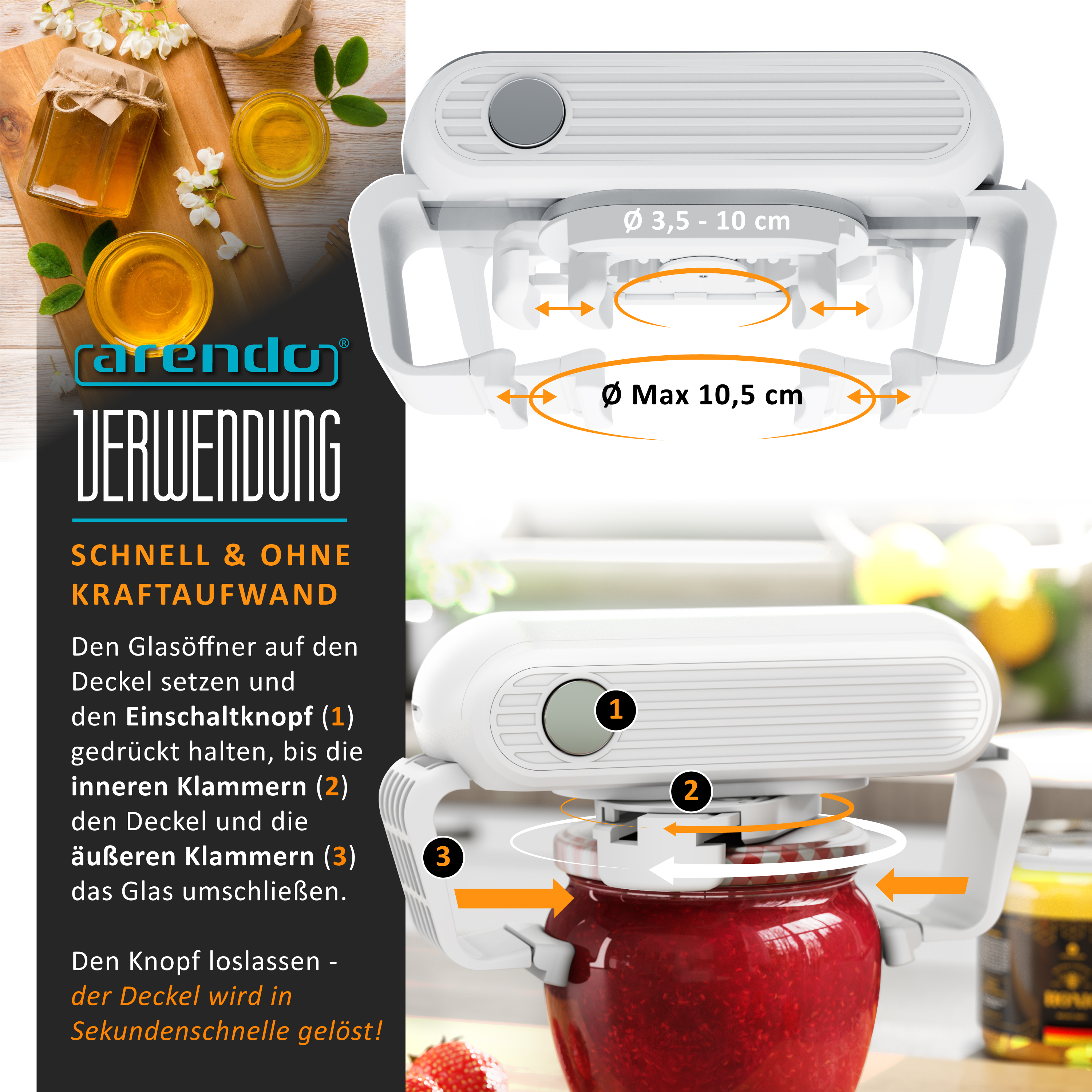 Ein weißer automatischer Glasöffner zeigt Durchmesser und wie er auf einem Marmeladenglas angebracht wird.