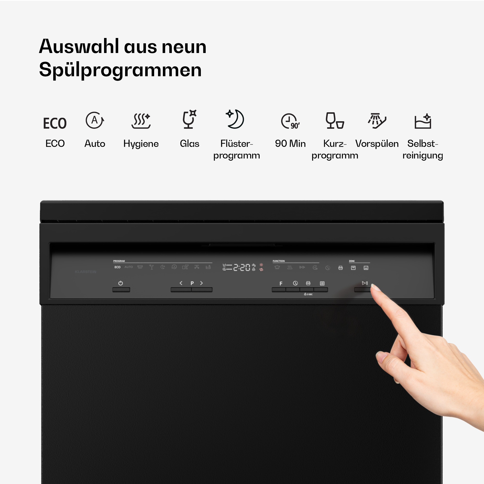 Hand bedient das Bedienfeld einer schwarzen Spülmaschine mit neun Programmsymbolen oben.