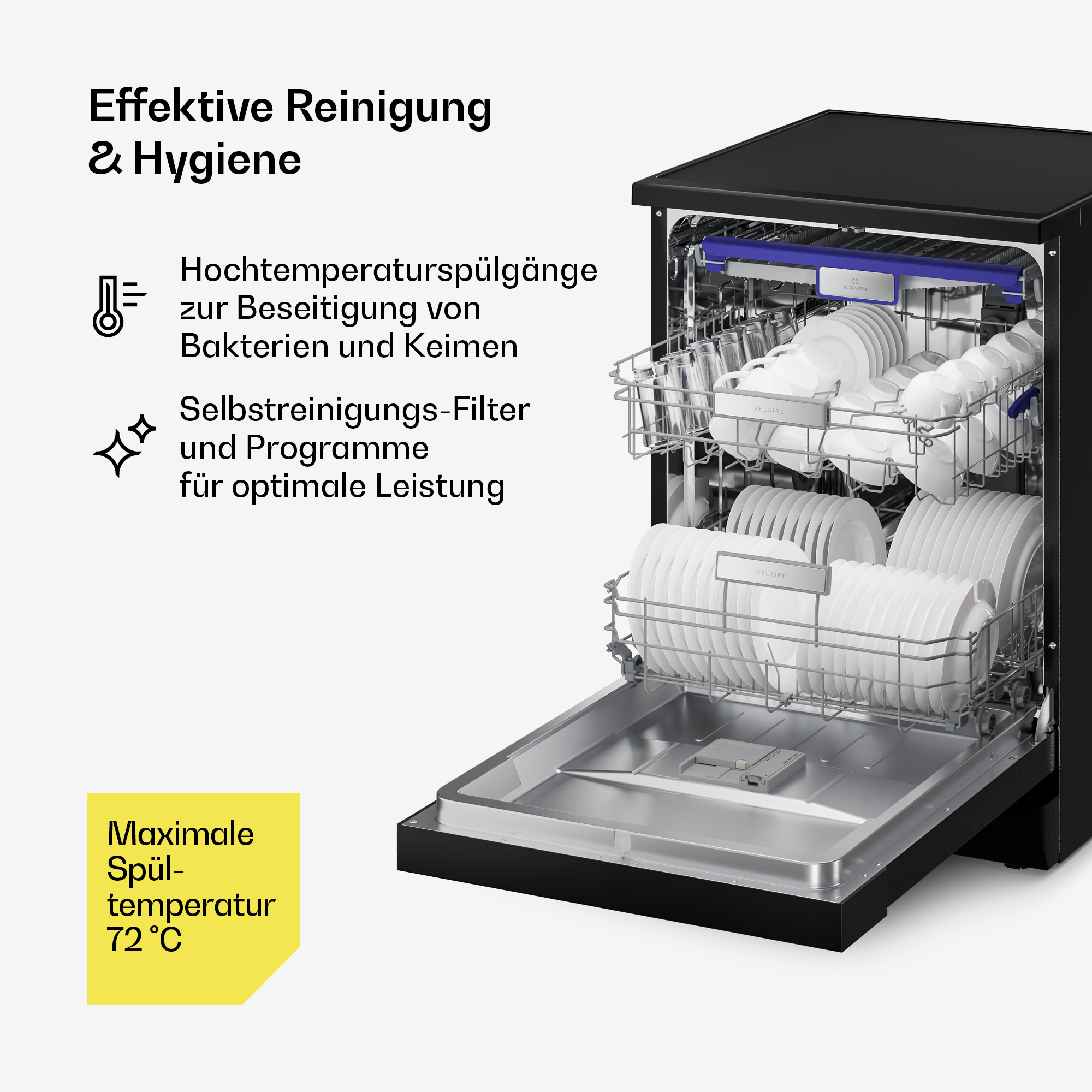 Schwarze Spülmaschine mit geöffneter Tür, gefüllt mit Geschirr und Gläsern, daneben deutscher Text und Symbole.