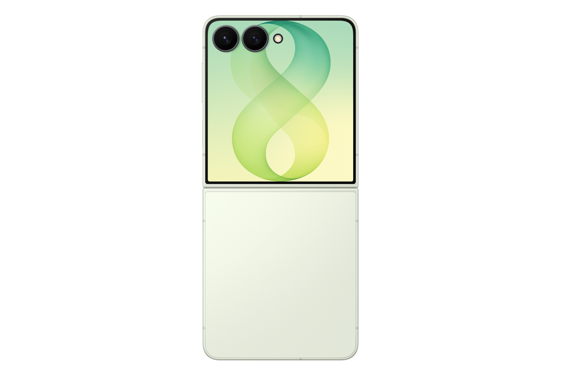 Uno smartphone pieghevole verde chiaro con doppia fotocamera e sfondo verde astratto sul display esterno.