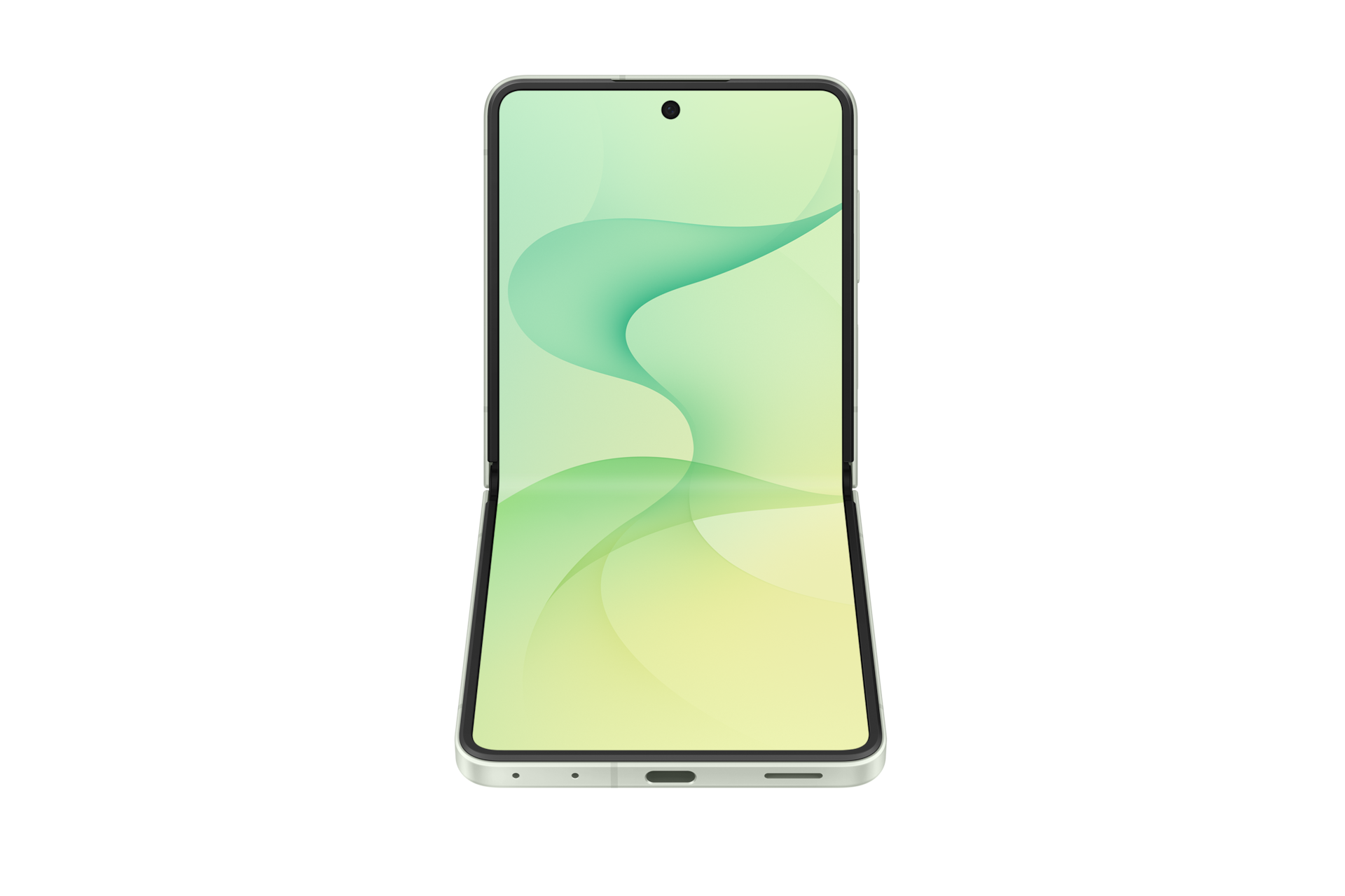 Uno smartphone pieghevole bianco con schermo astratto verde su sfondo nero.