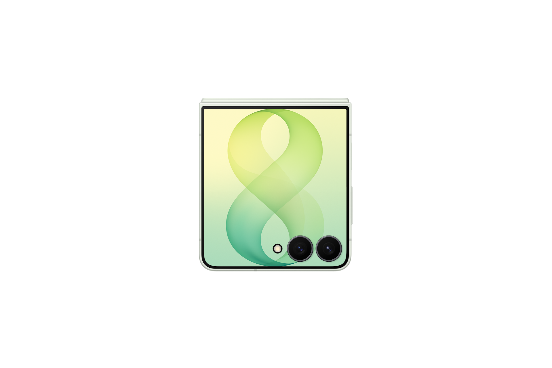 Telefono pieghevole bianco con motivo a onde verde sullo schermo e due fotocamere posteriori.