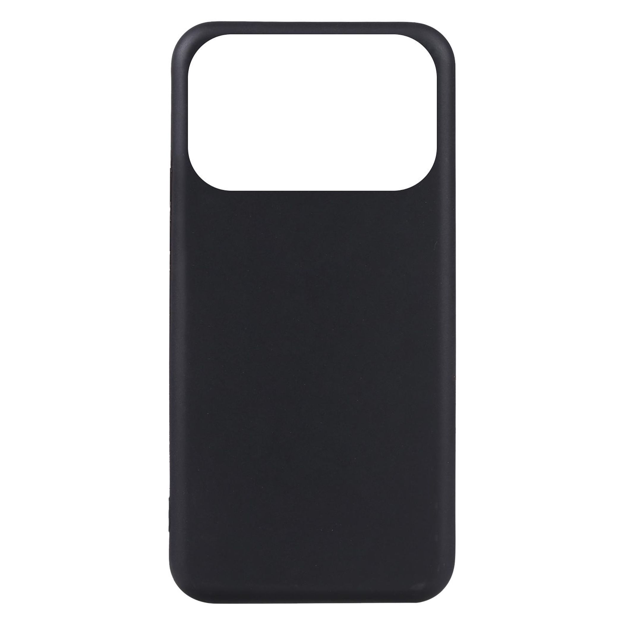 Eine einfache schwarze Smartphone-Hülle mit großem oberen Ausschnitt auf weißem Hintergrund.