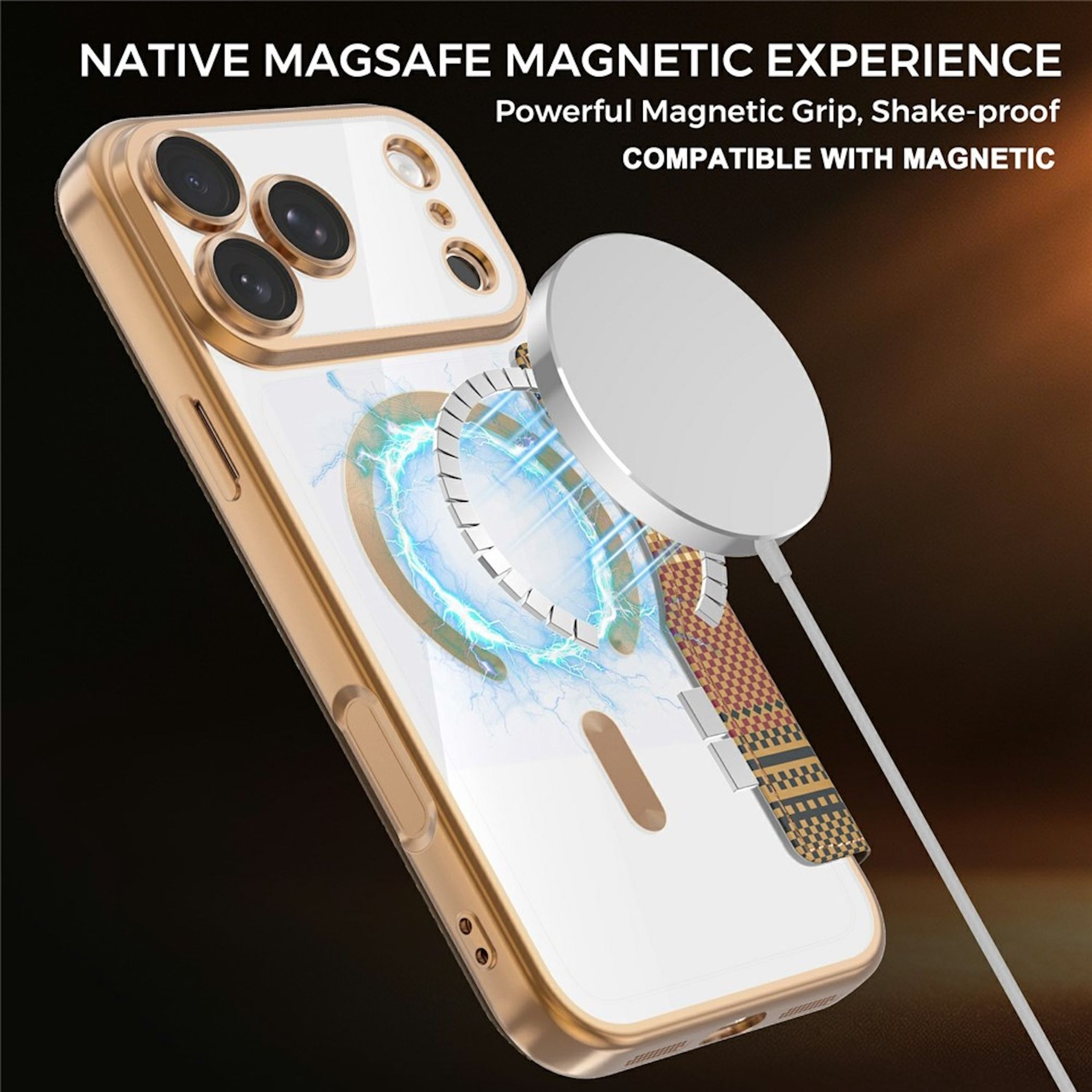 Gold eingefasste Smartphone-Hülle mit einem magnetischen kabellosen Ladegerät auf der Rückseite, umgeben von blauen Effekten.