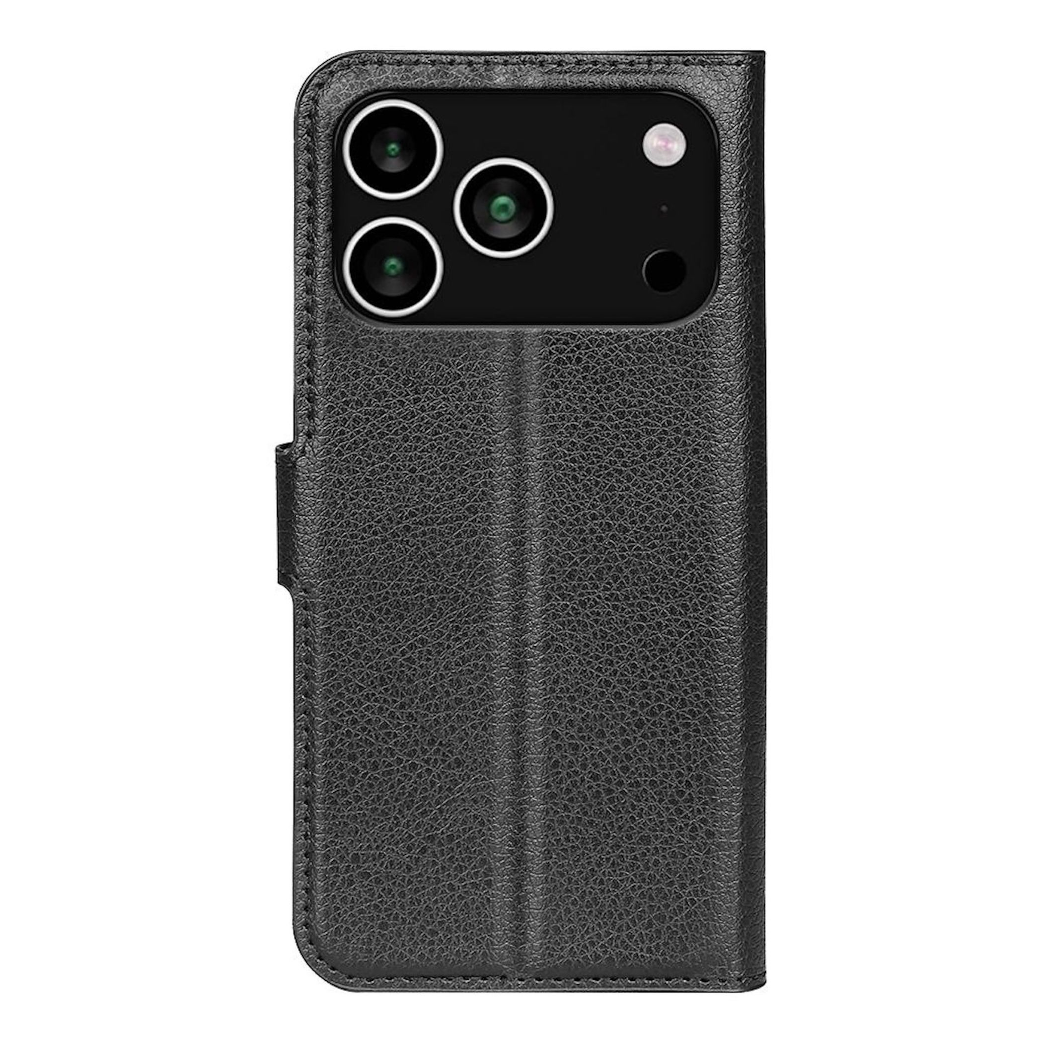 Schwarze Leder-Handyhülle mit Dreifachkamera-Modul auf weißem Hintergrund.