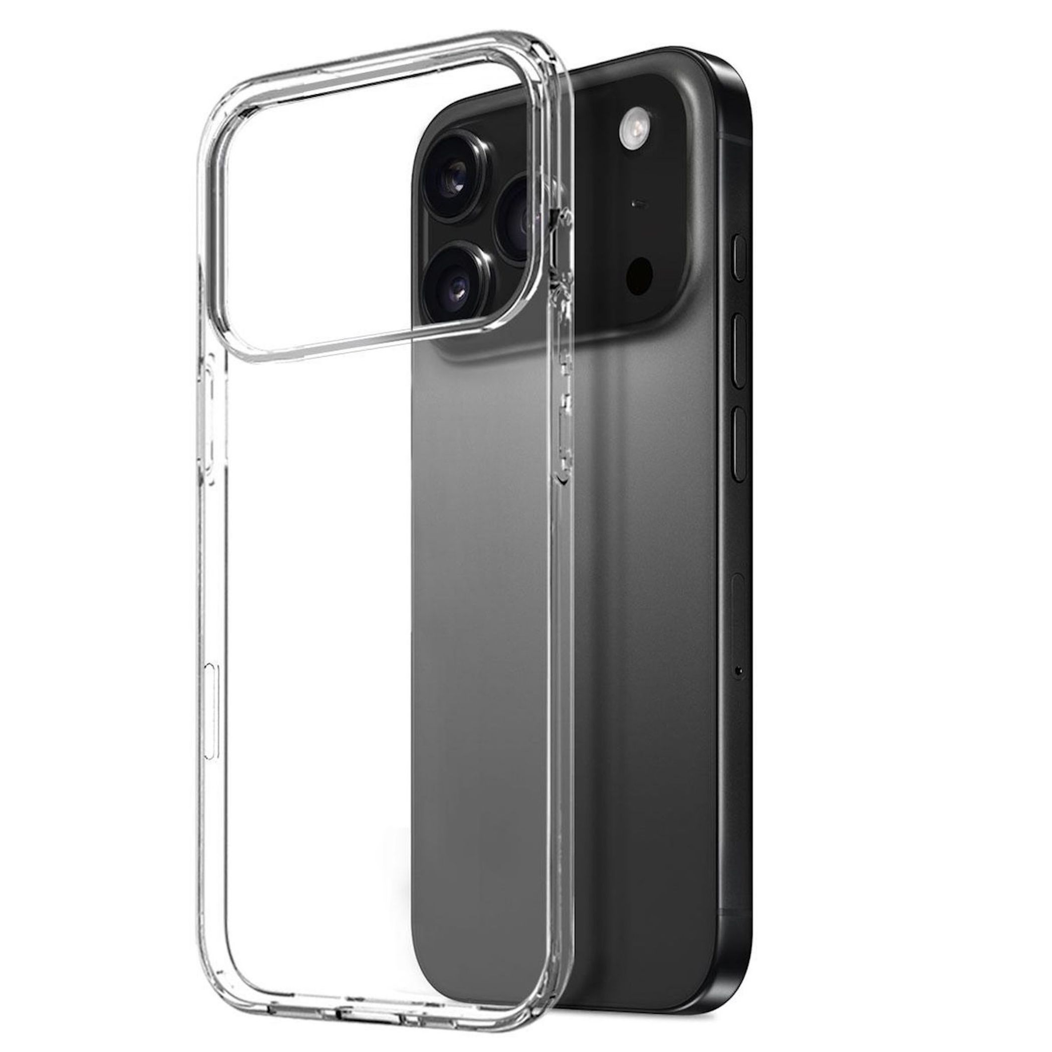 Ein schwarzes Smartphone wird mit einer klaren, transparenten Schutzhülle gezeigt, die leicht davor schwebt.