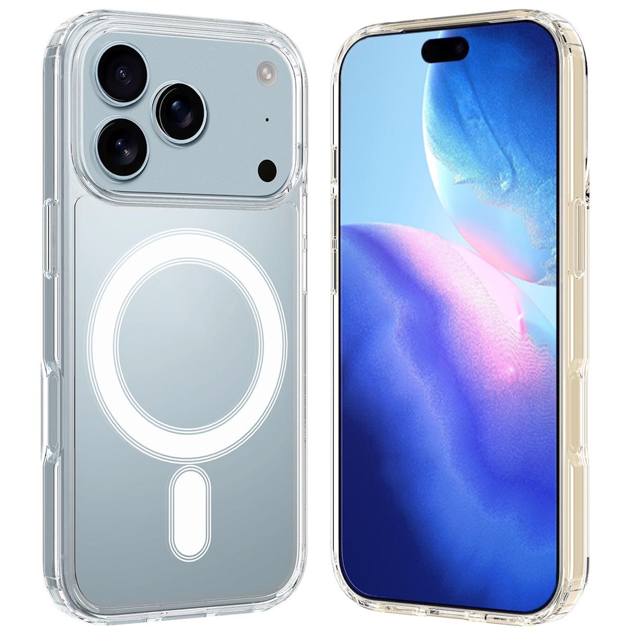 Smartphone in klarer Hülle mit MagSafe-Ring hinten und farbigem Display.