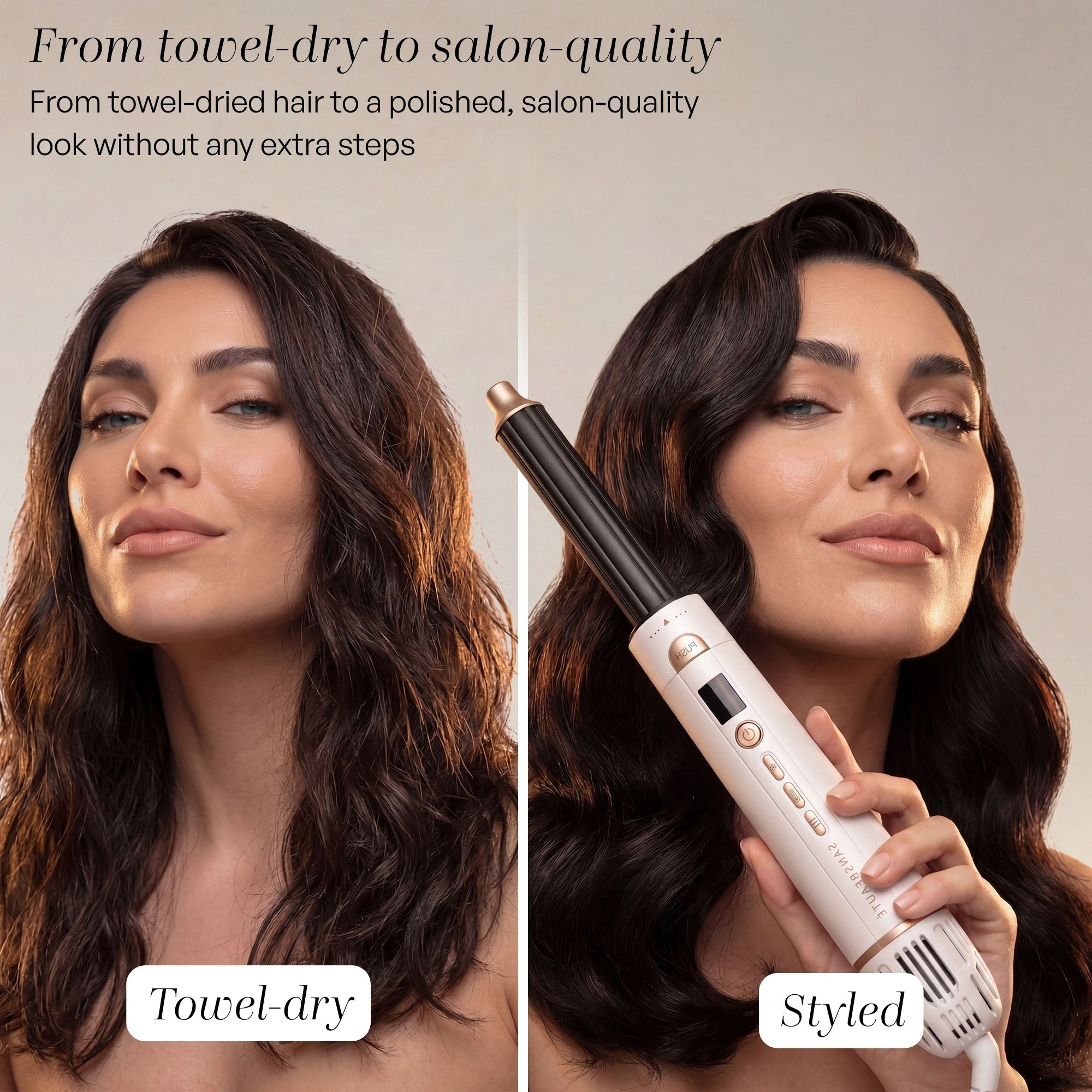 Vergleich von handtuchtrockenem Haar links und mit einem Styler glänzendem Haar rechts.