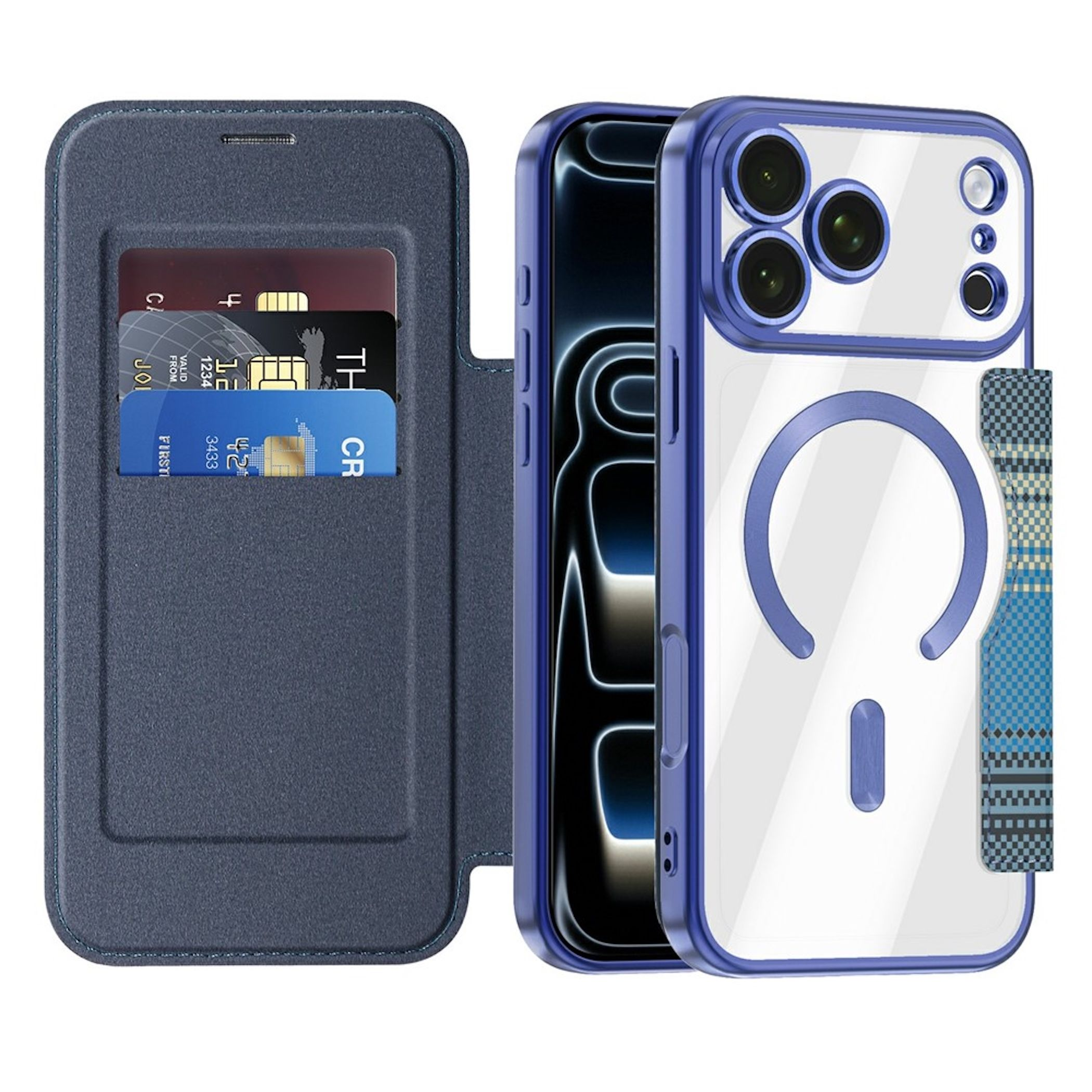 Blaues Klapphandy-Etui mit Kartenfächern für drei Karten und transparenter Rückseite mit blauem Rahmen und Magnetring.