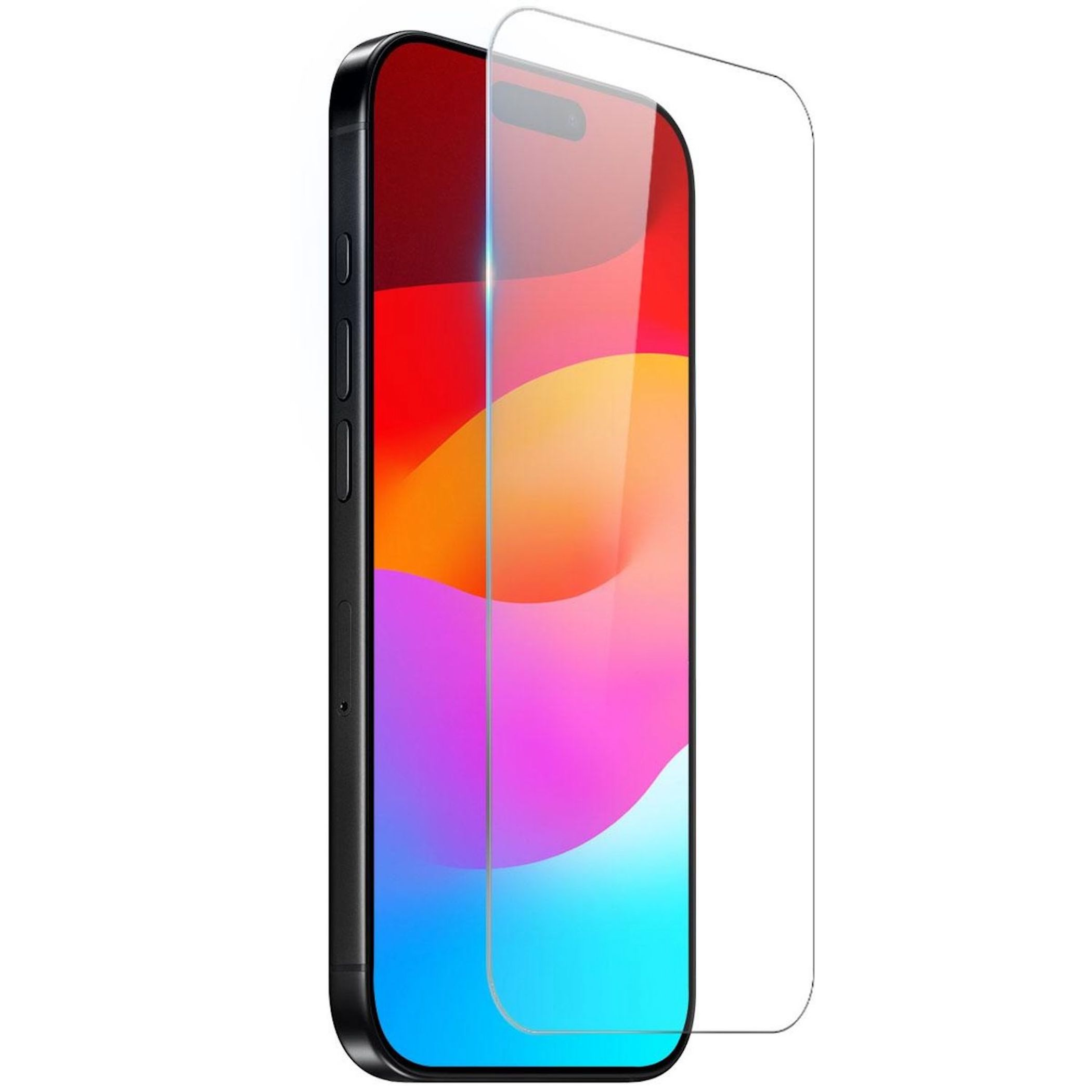 Ein Smartphone mit einem farbenfrohen Bildschirm und einer leicht davor positionierten Glas-Displayschutzfolie.
