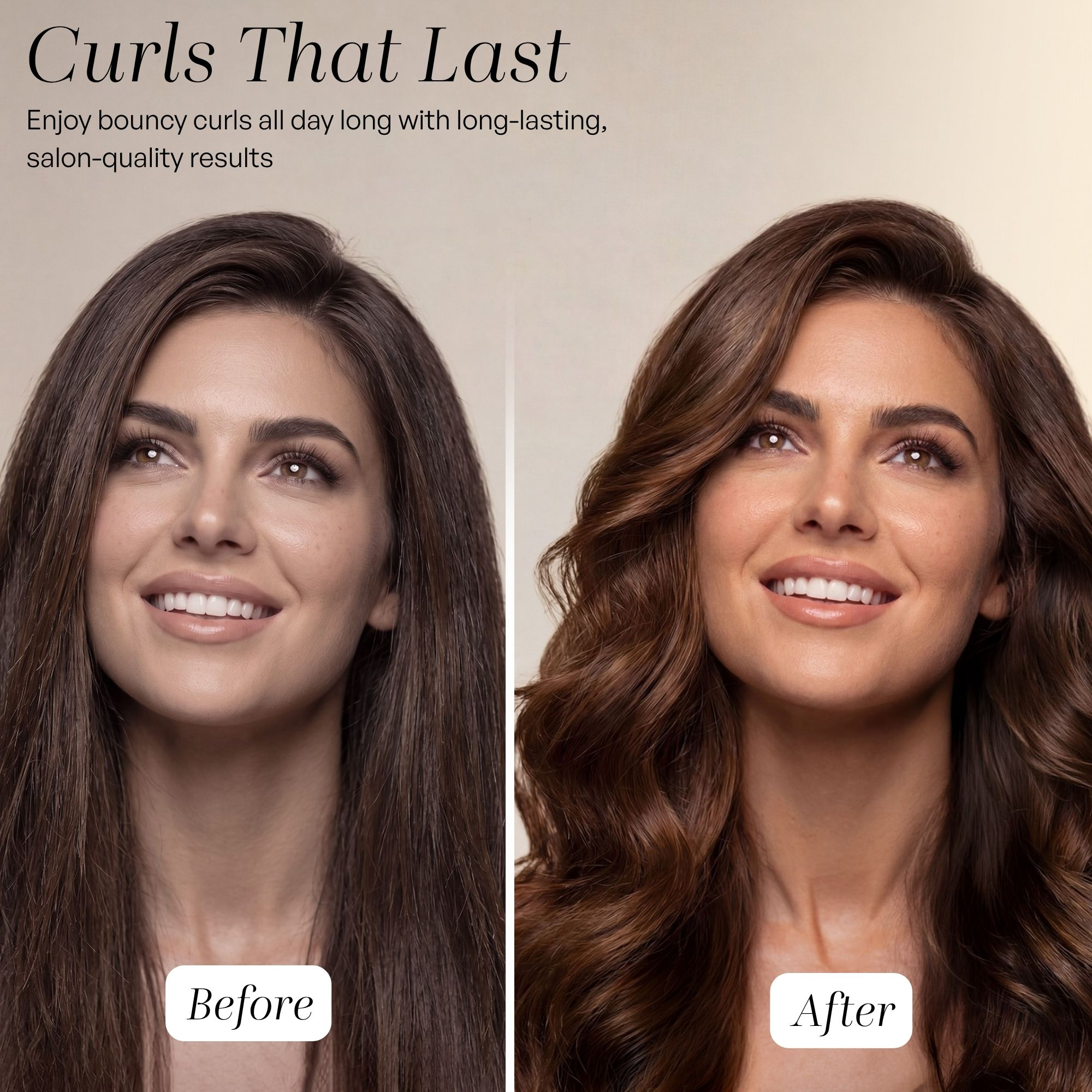 Comparaison avant-après montrant des cheveux raides à gauche et des boucles volumineuses à droite.