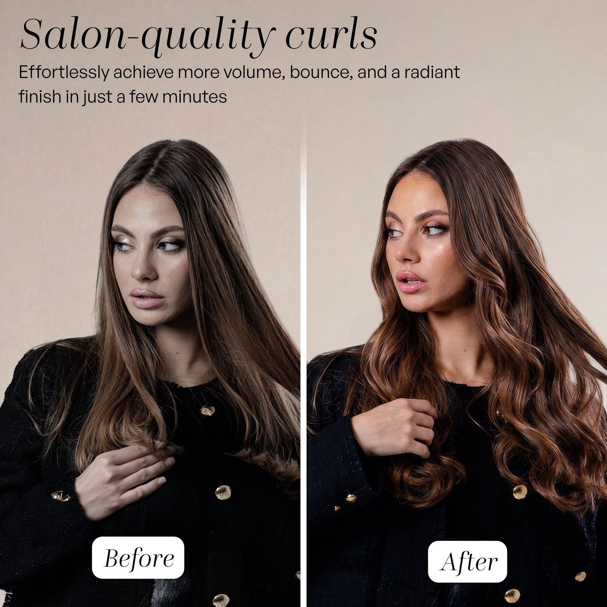Comparaison avant et après d'une femme avec des cheveux lisses et bouclés.