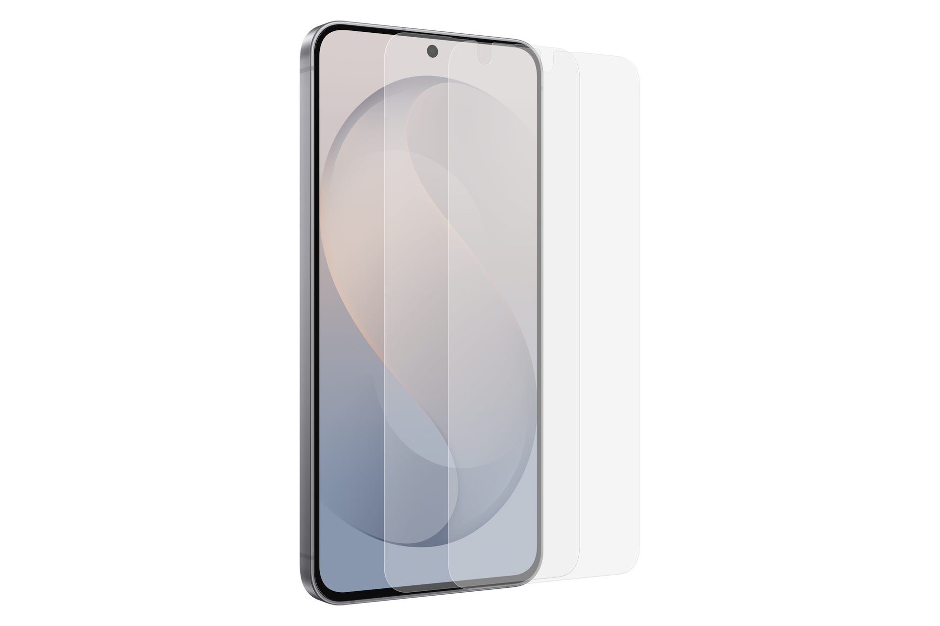 Un teléfono inteligente con dos láminas protectoras transparentes delante sobre fondo negro.