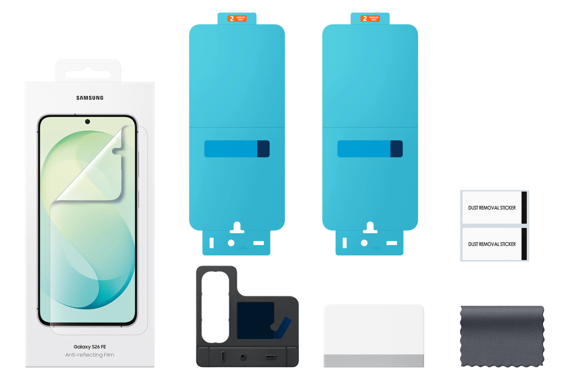 Kit de película antirreflectante para Samsung Galaxy S26 FE con embalaje, dos protectores, marco y accesorios.