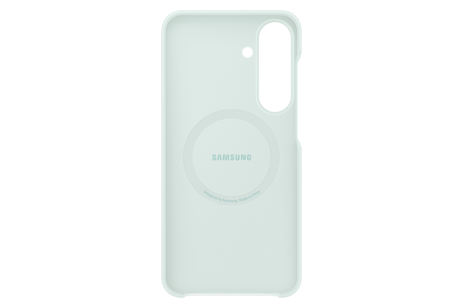 Hellgrüne Samsung Handyhülle mit Kameraausschnitt und runder Markierung auf schwarzem Hintergrund.