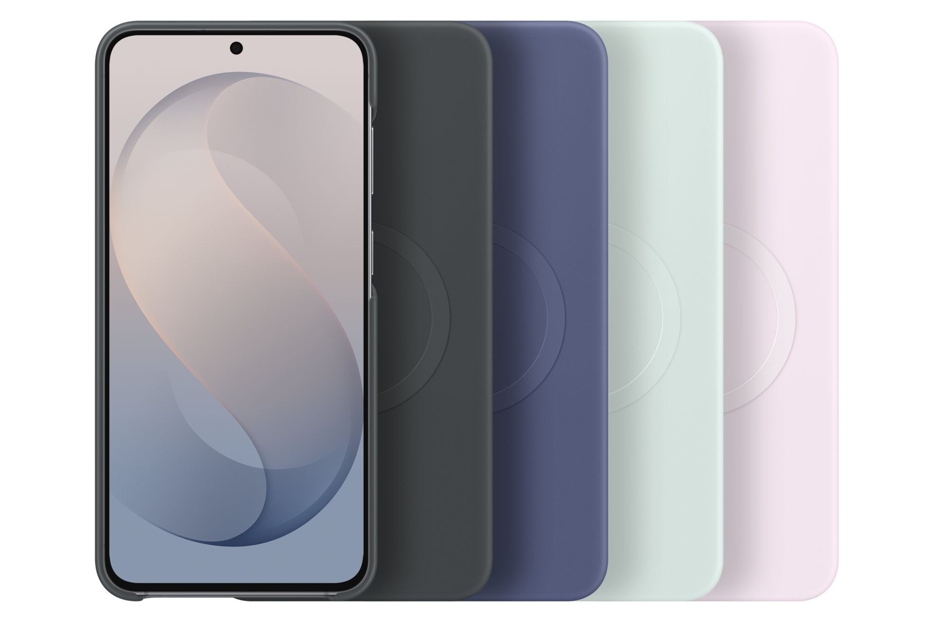 Fünf Smartphones mit Hüllen in Schwarz, Grau, Blau, Mintgrün und Rosa vor dunklem Hintergrund.