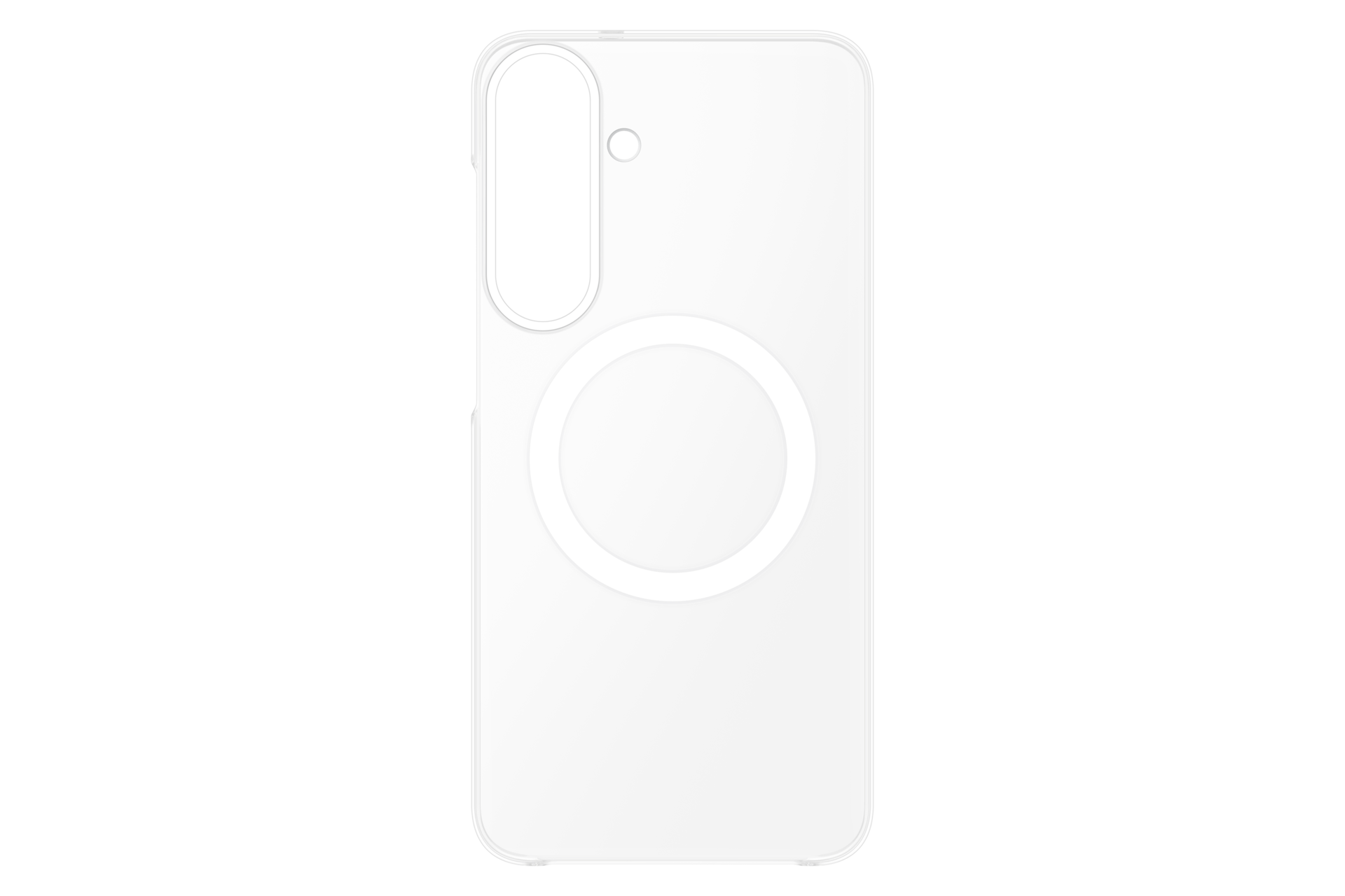 Una custodia bianca per smartphone con ritaglio per fotocamera e anello di ricarica wireless.