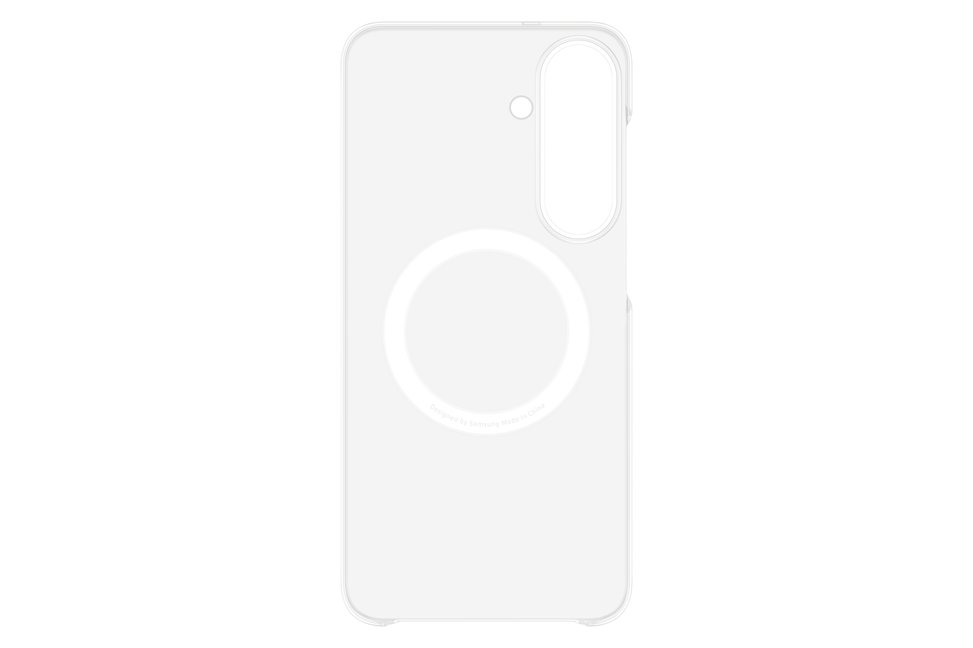 Una custodia trasparente per telefono con anello magnetico sul retro, su sfondo nero.