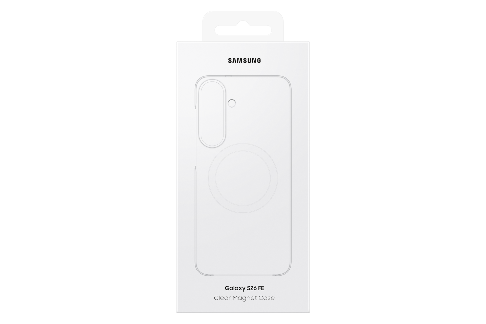 Confezione bianca Samsung Galaxy S26 FE Clear Magnet Case su sfondo nero.