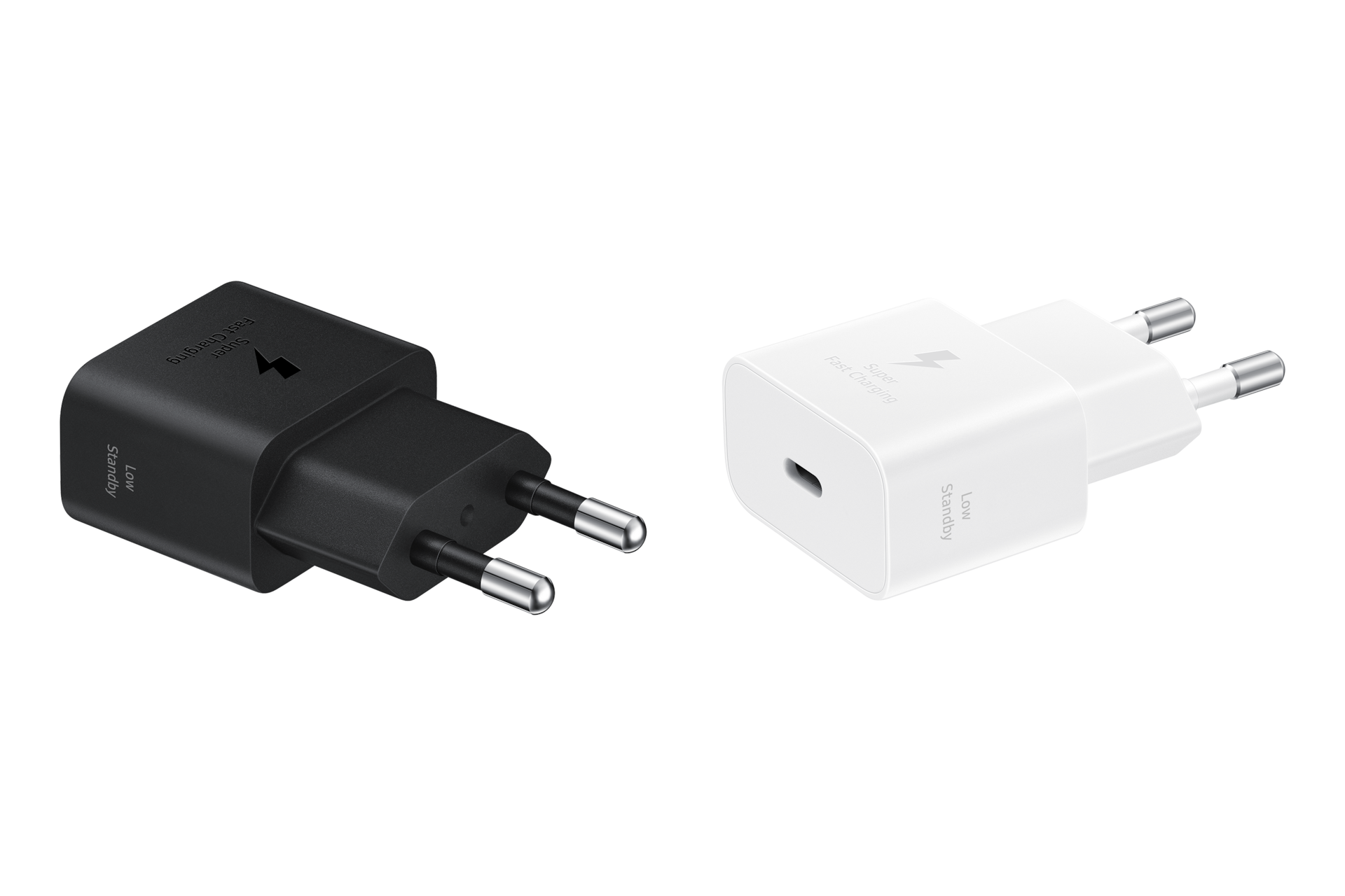 Un cargador rápido USB-C negro y uno blanco con enchufes de pared sobre un fondo negro.