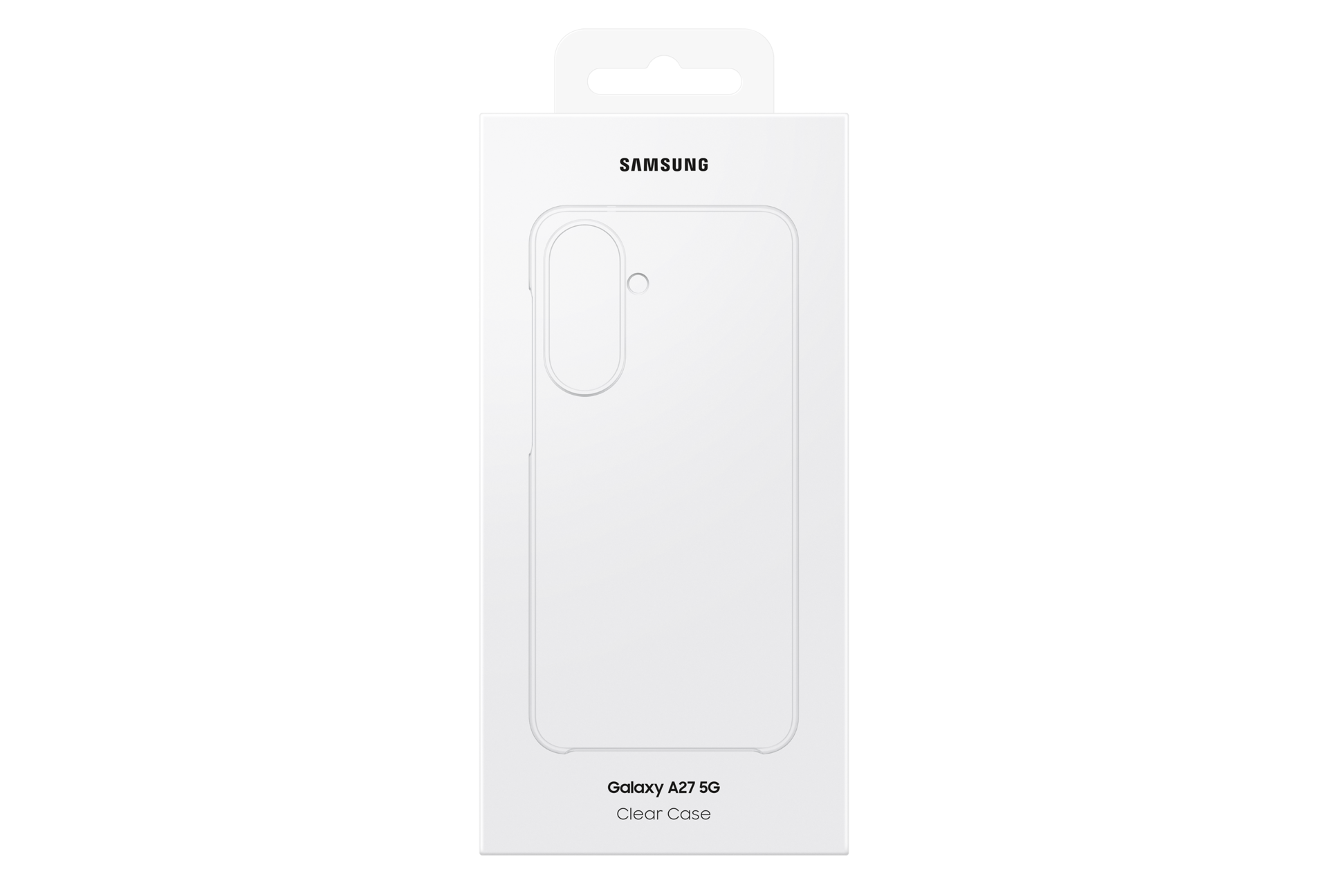 Egy fehér Samsung Galaxy A27 5G Clear Case doboz fekete felirattal és tok körvonallal.