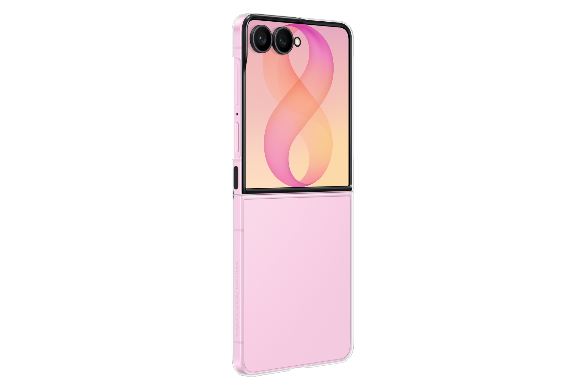 Un telefono a conchiglia rosa con due fotocamere esterne e un display con sfumatura di colore su sfondo nero.