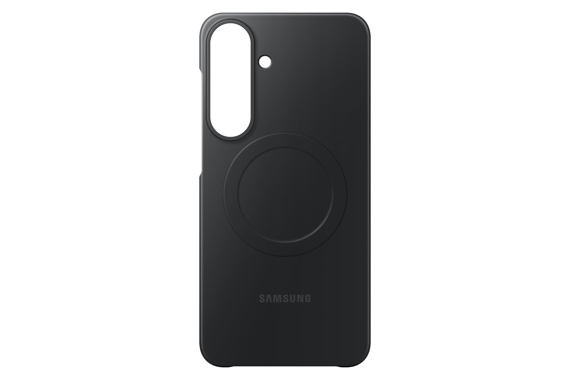Una custodia per telefono Samsung nero opaco con cerchio MagSafe e ritaglio per fotocamera.