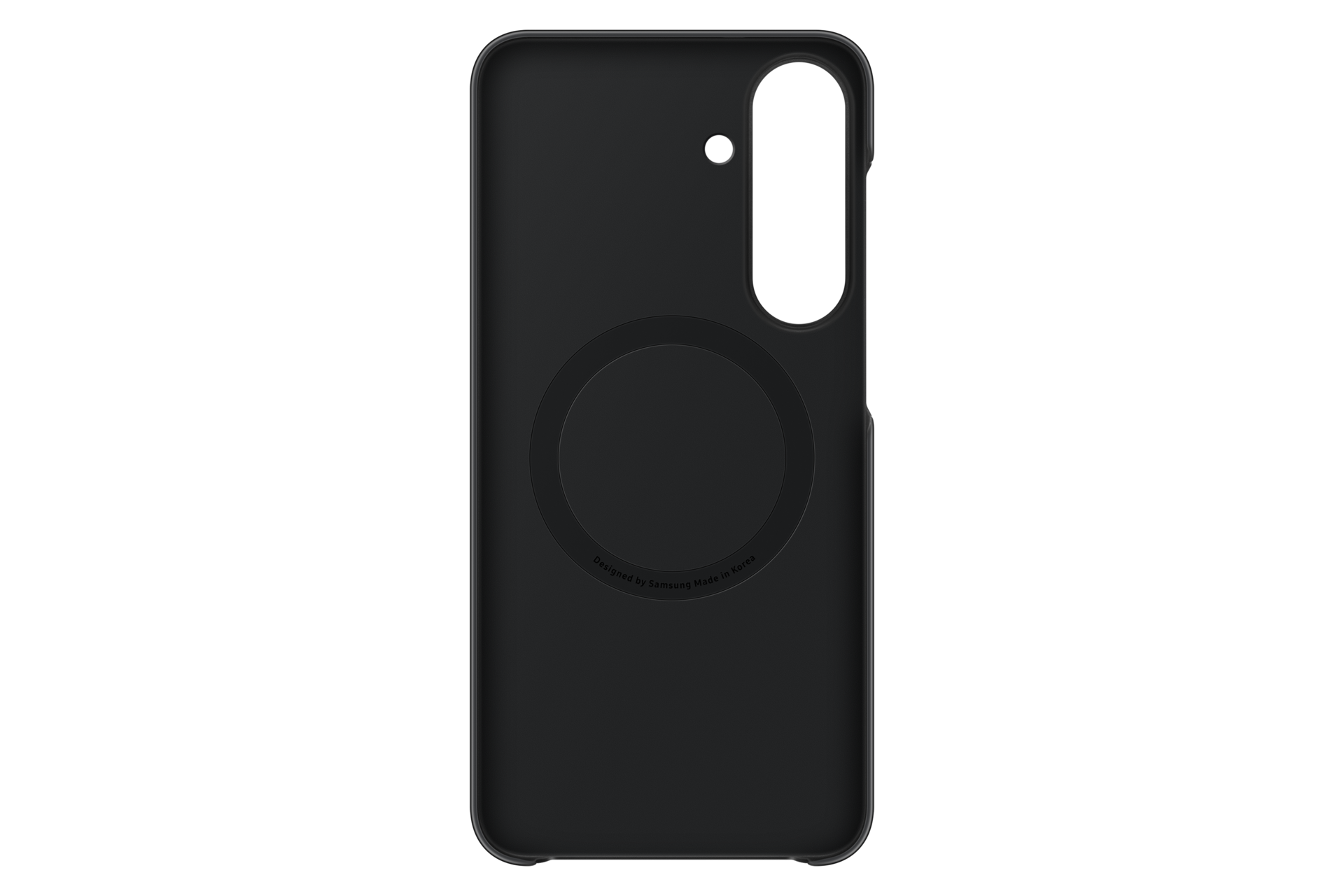 Custodia per telefono nera con apertura per fotocamera e supporto magnetico circolare su sfondo nero.