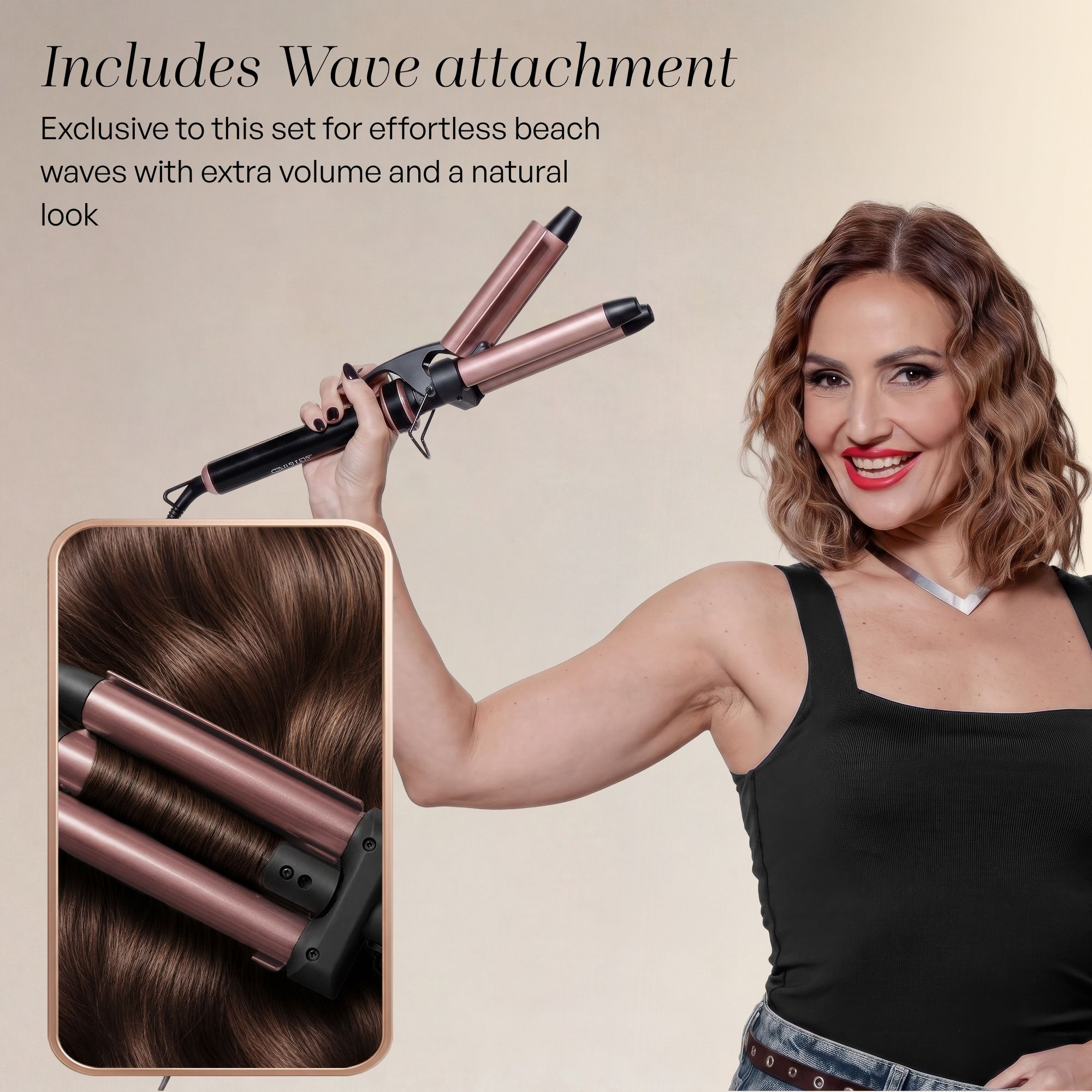 A smiling woman holds a rose-gold triple-barrel hair waver, with text advertising a wave attachment above her.
