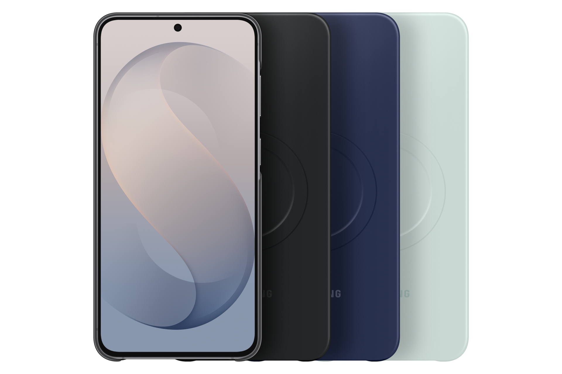 Quattro smartphone di diversi colori disposti uno accanto all'altro su sfondo nero.