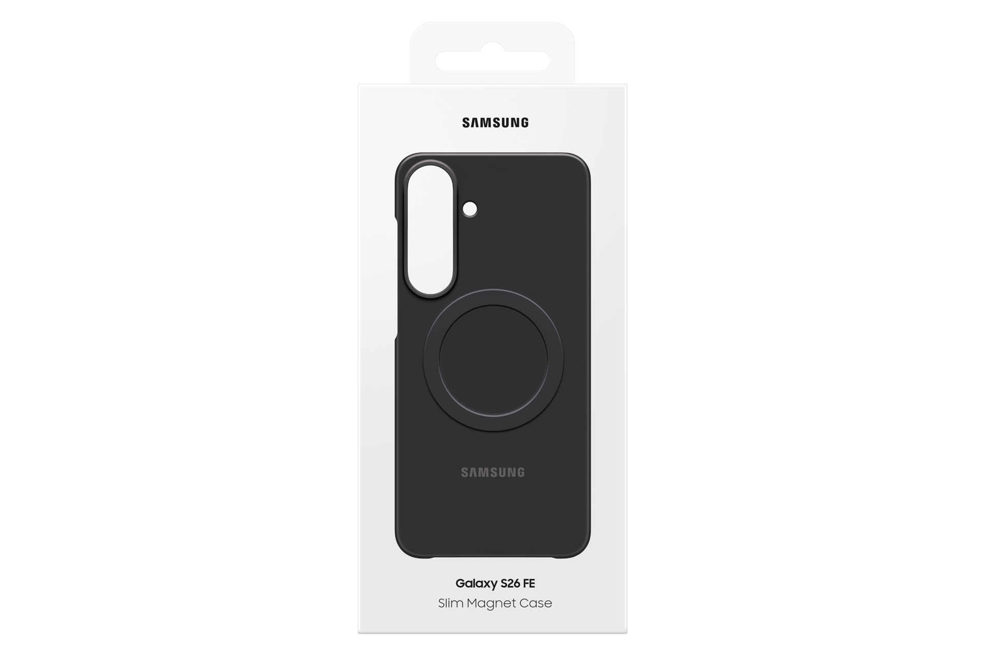 Una custodia magnetica sottile nera Samsung Galaxy S26 FE all'interno della sua scatola bianca su sfondo nero.