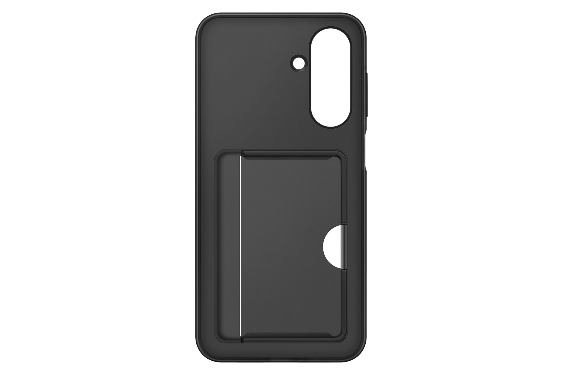 Schwarze Smartphone-Hülle mit Kartenfach auf der Rückseite und Aussparungen für Kamera und Tasten.