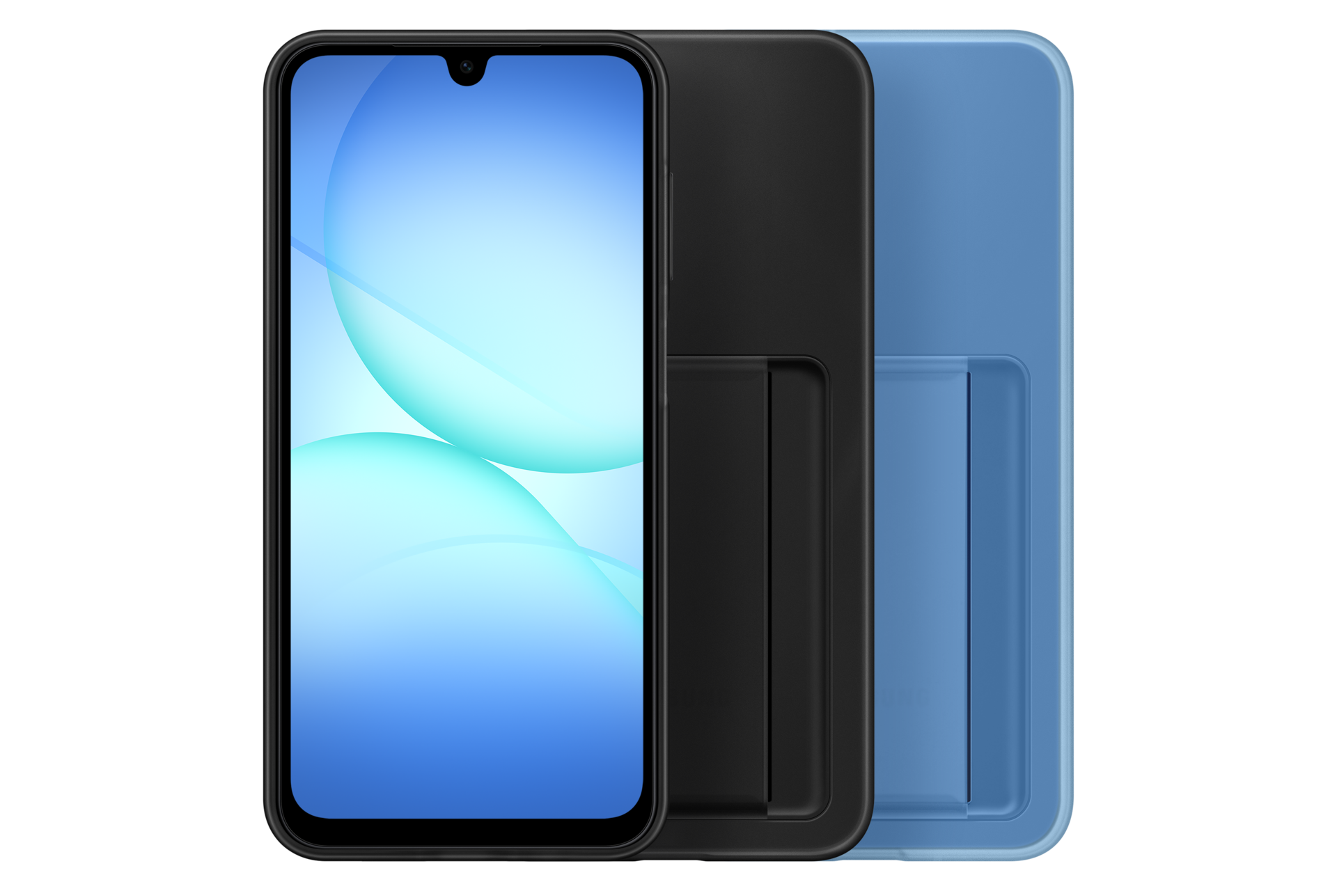 Drei Smartphones mit blauen Displays und farbigen Hüllen vor schwarzem Hintergrund.