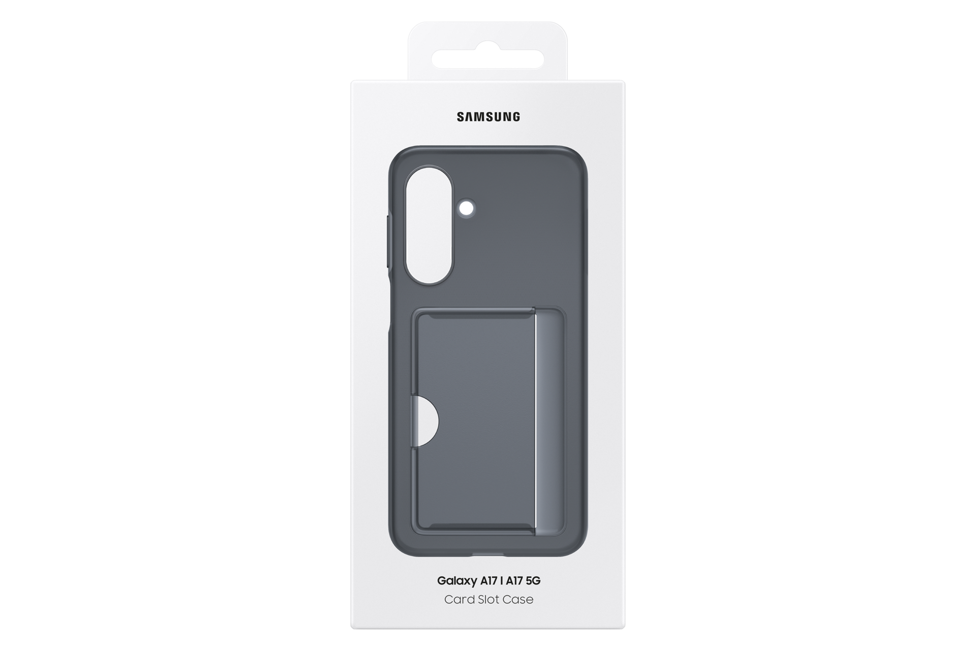 Eine Samsung Galaxy A17 Card Slot Case Verpackung in weiß mit abgebildeter grauer Hülle.