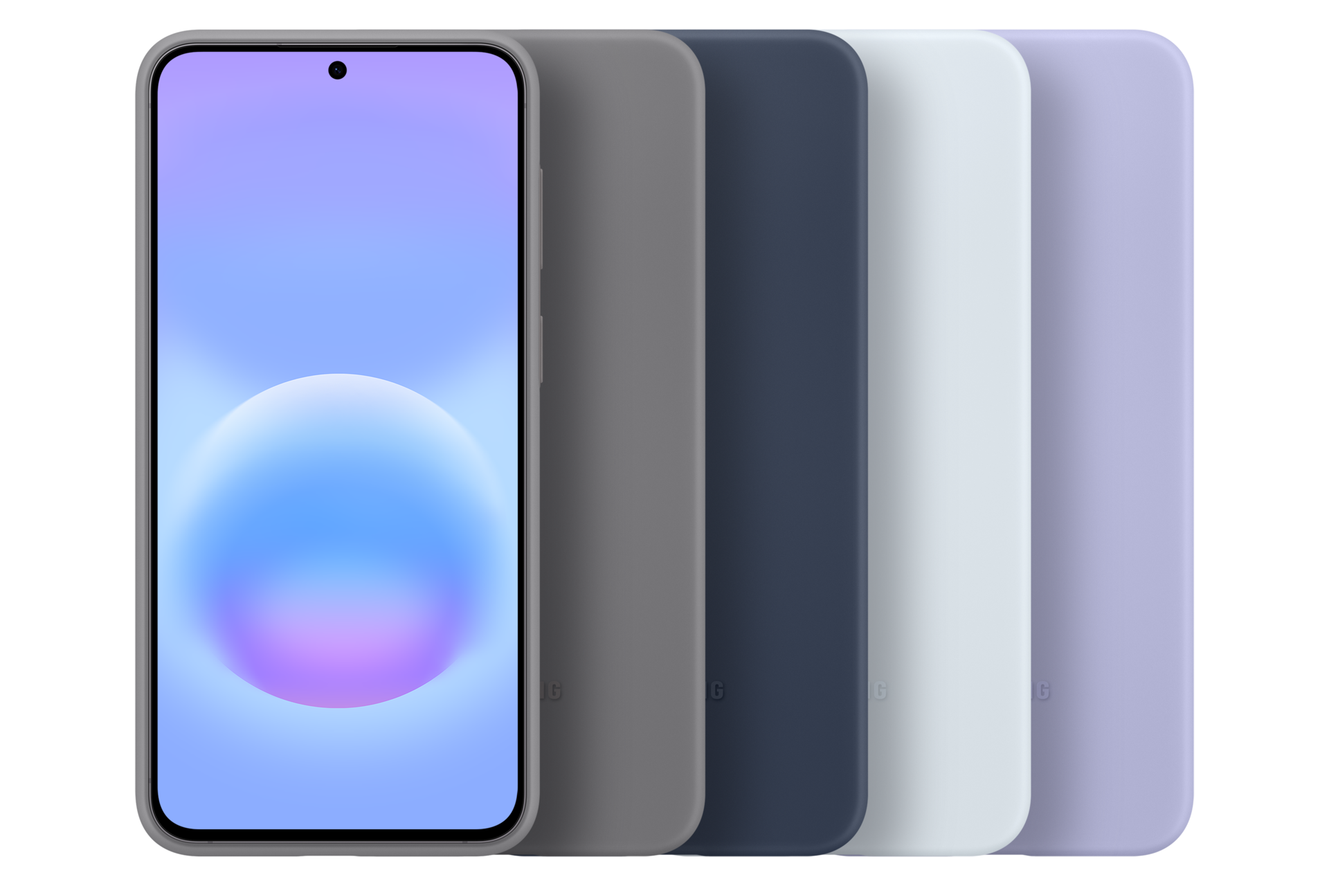 Cinque smartphone in vari colori allineati, quello anteriore mostra uno schermo colorato.
