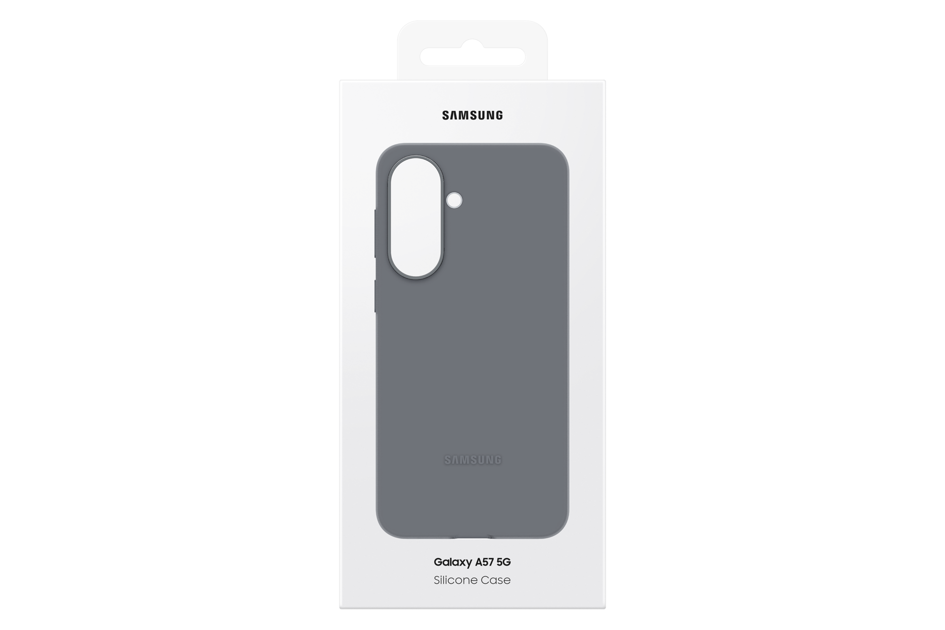 Una custodia in silicone grigia per Samsung Galaxy A57 5G nella confezione.