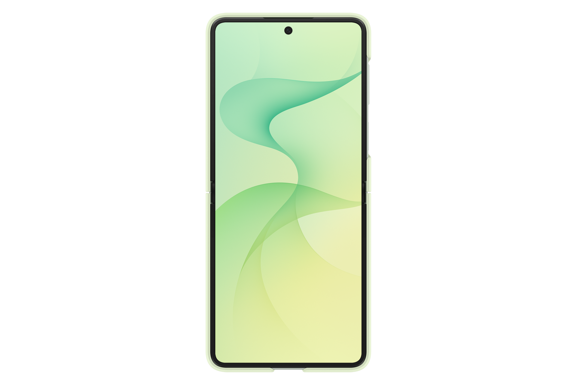 Uno smartphone pieghevole verde chiaro con sfondo astratto ondulato su uno sfondo nero.
