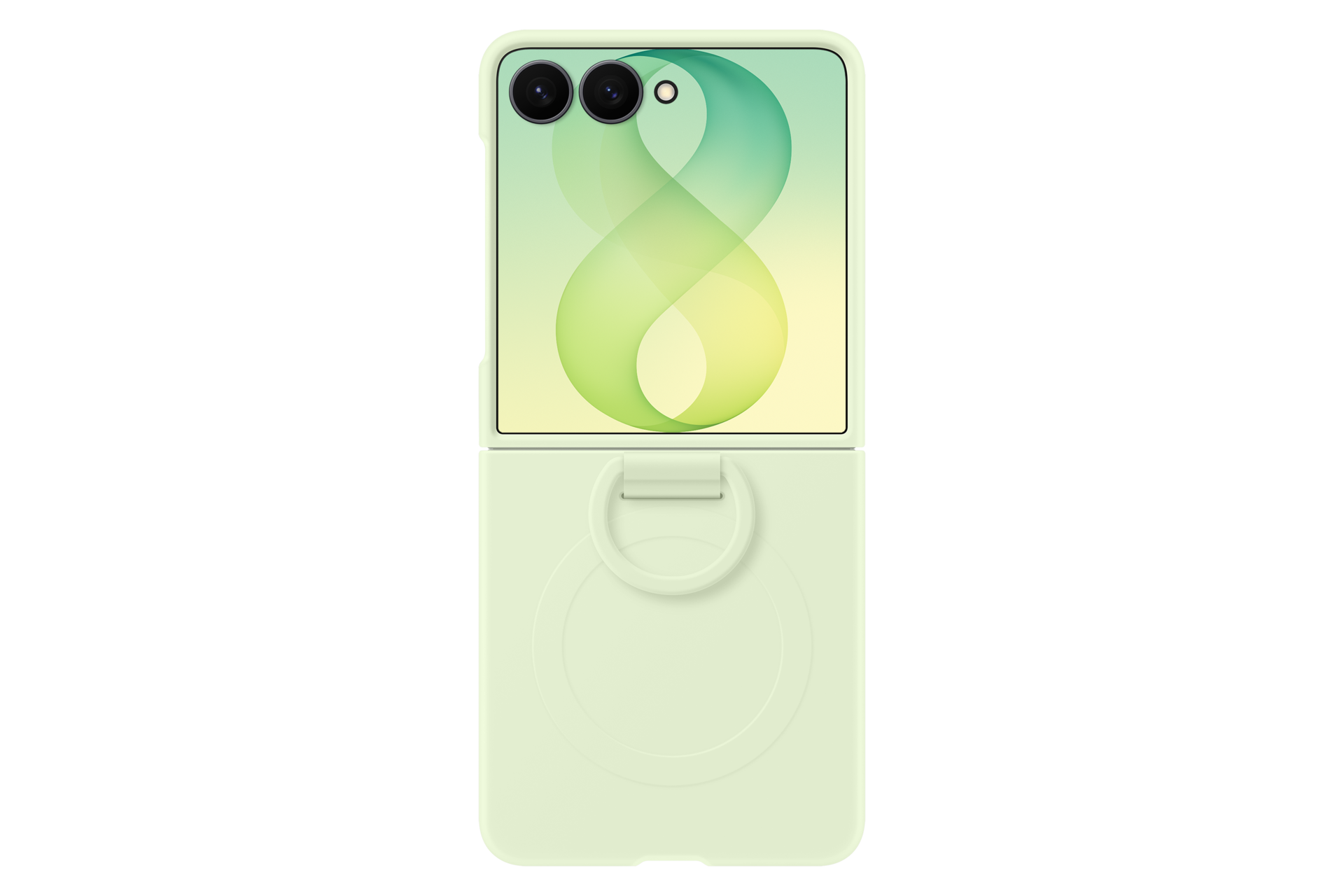 Uno smartphone pieghevole verde chiaro con due fotocamere e un supporto ad anello sul retro.